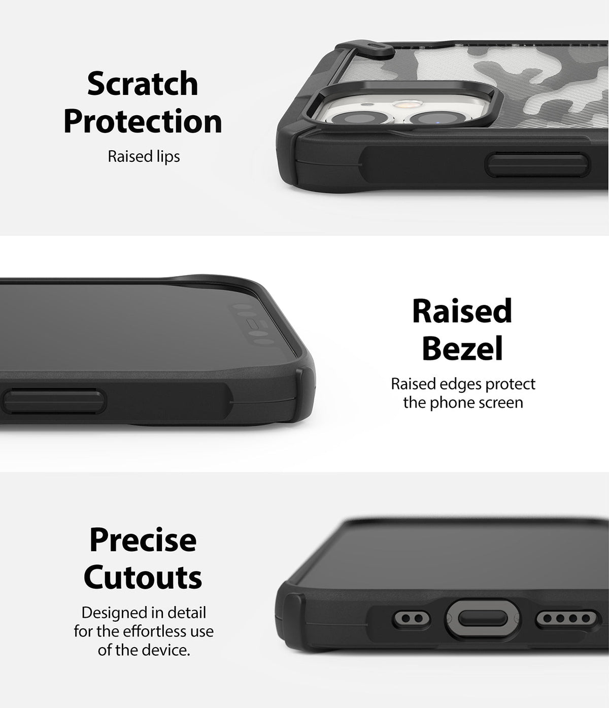 iPhone 12 Mini Case | Fusion-X - Close-ups showing raised camera lips, screen-protecting bezels, and precise port cutouts.