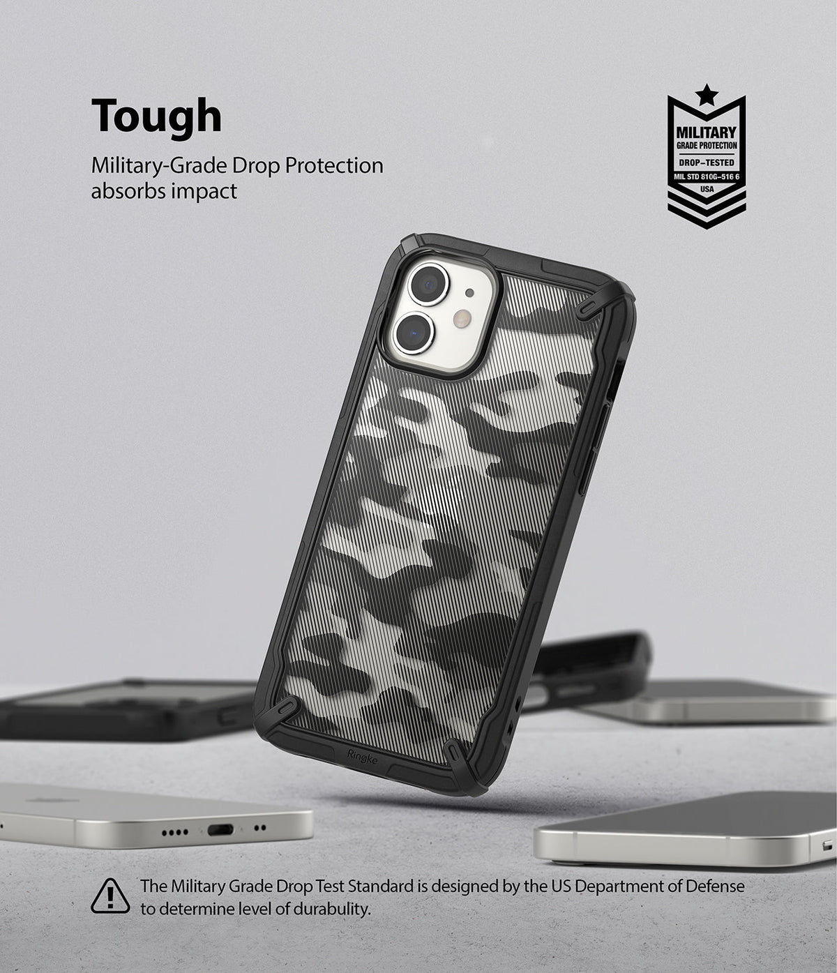 iPhone 12 Mini Case | Fusion-X - Camouflage phone case with military-grade drop protection badge on a light gray background.