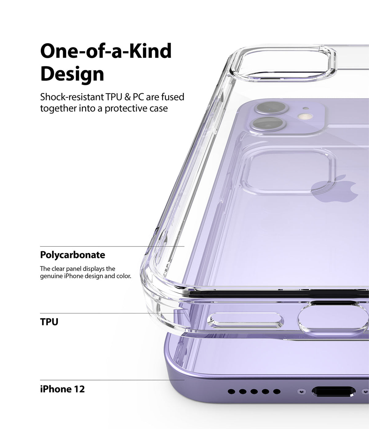 iPhone 12 / 12 Pro Case | Fusion - Clear protective case showing TPU and polycarbonate layers on a purple iPhone 12.
