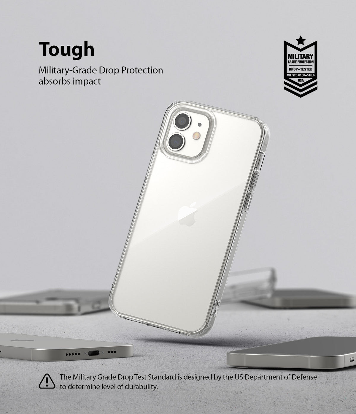 iPhone 12 / 12 Pro Case | Fusion - Clear phone case on an iPhone 12 with military-grade drop protection badge and text.