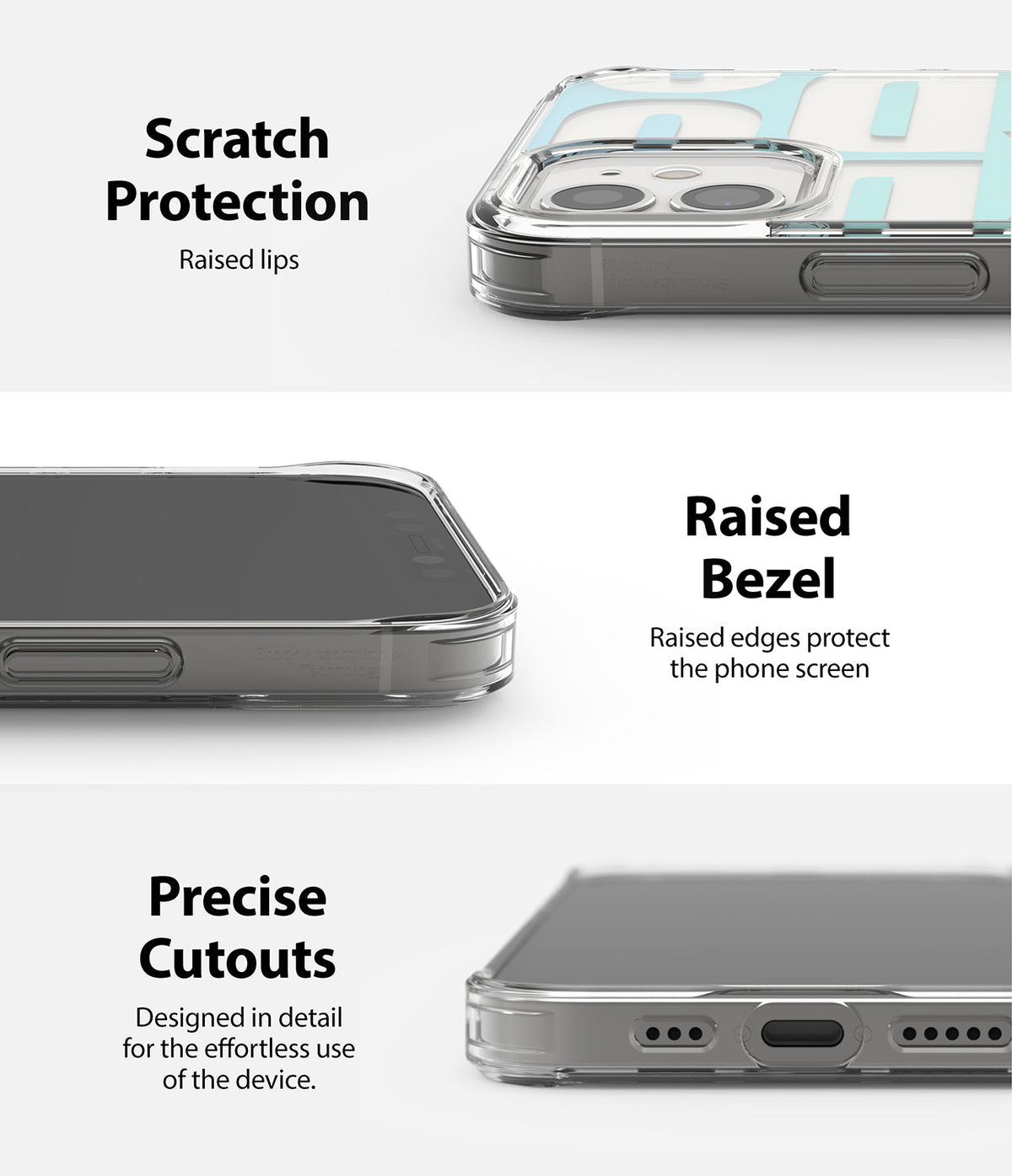 iPhone 12 / 12 Pro Case | Fusion Design - Three close-up views of a clear phone case highlighting raised lips, bezels, and precise port cutouts.