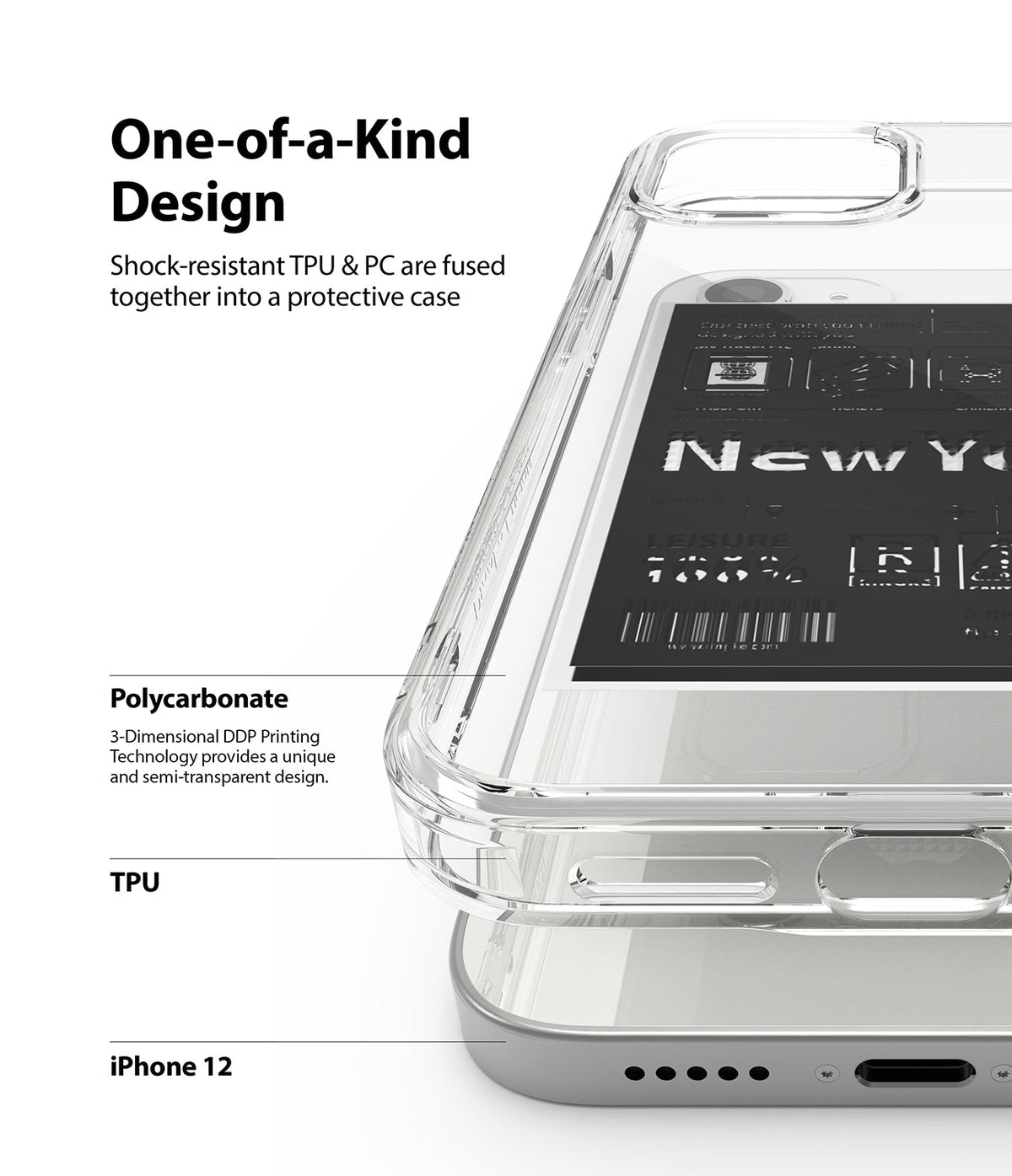 iPhone 12 / 12 Pro Case | Fusion Design - Close-up of a clear phone case showing TPU and polycarbonate layers with text labels.