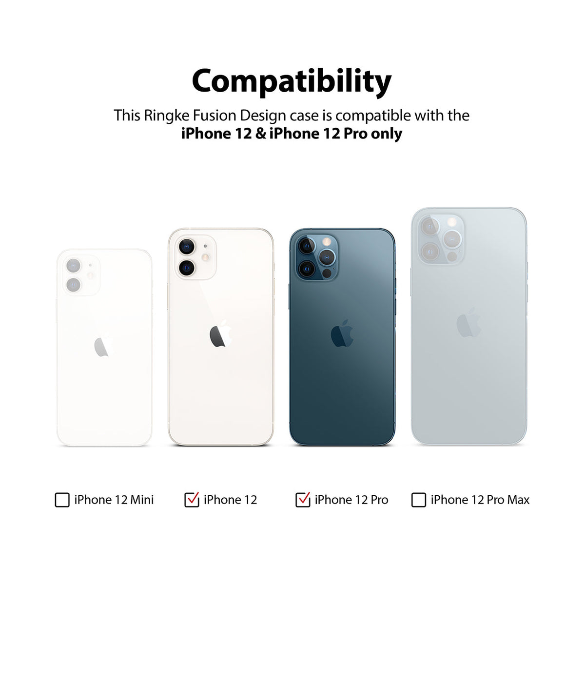 iPhone 12 / 12 Pro Case | Fusion Design - Compatibility chart showing iPhone 12 and 12 Pro selected with checkmarks.