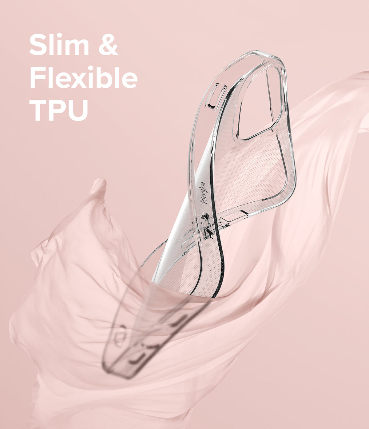 iPhone 13 Mini Case | Air - Clear, flexible TPU phone case floating against a soft pink background with flowing fabric.