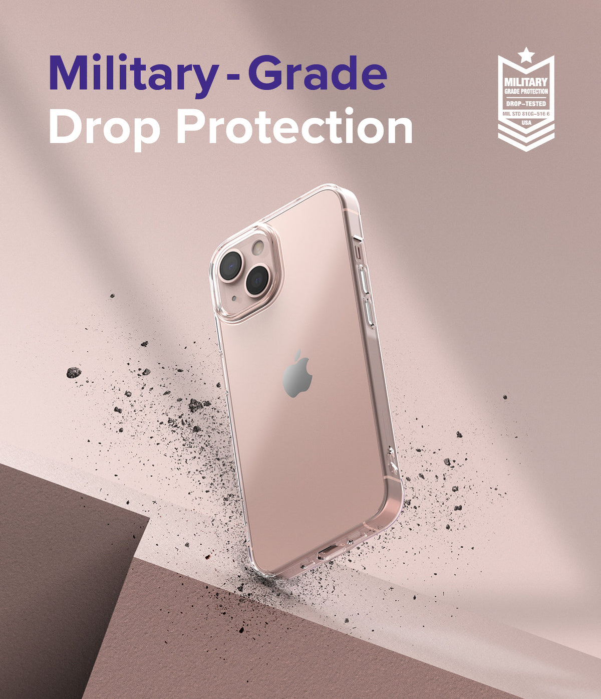 iPhone 13 Mini Case | Air - Clear phone case on a pink background with debris, highlighting military-grade drop protection.