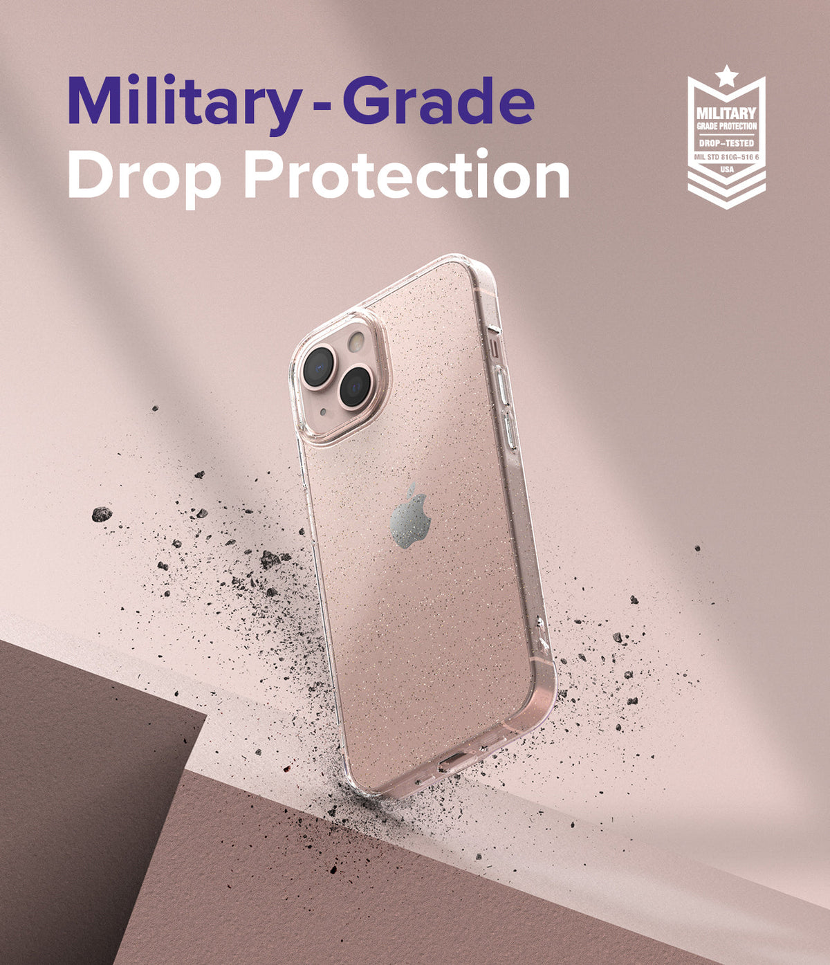 iPhone 13 Mini Case | Air - Glittery clear phone case floating above debris with military-grade drop protection text and badge.
