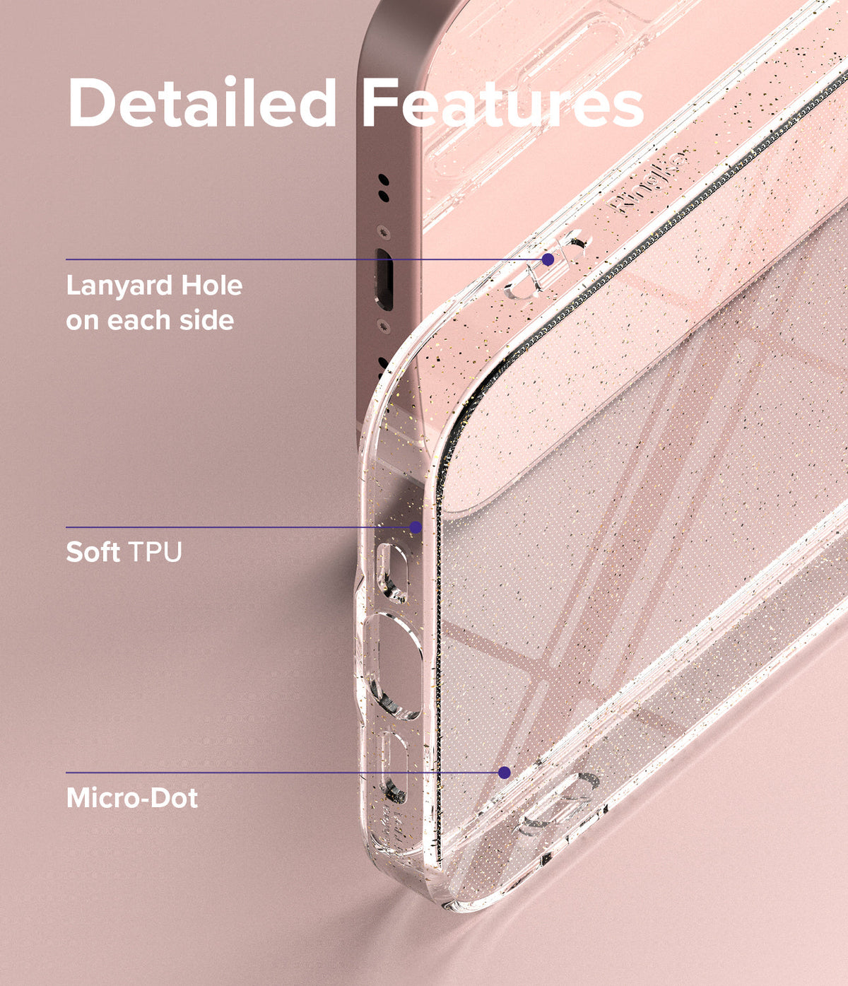 iPhone 13 Mini Case | Air - Close-up of glittery phone case highlighting lanyard holes, soft TPU material, and micro-dots.