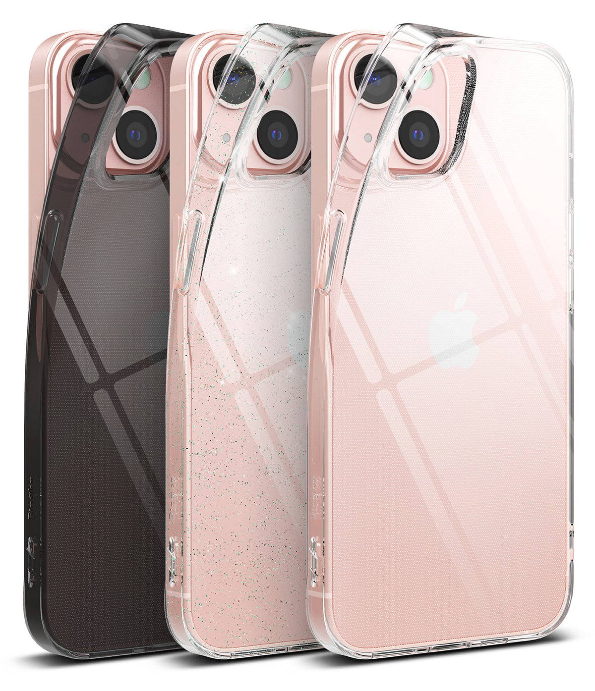 iPhone 13 Mini Case | Air - Three iPhone 13 Mini phones in black, glitter, and clear cases shown from the back.
