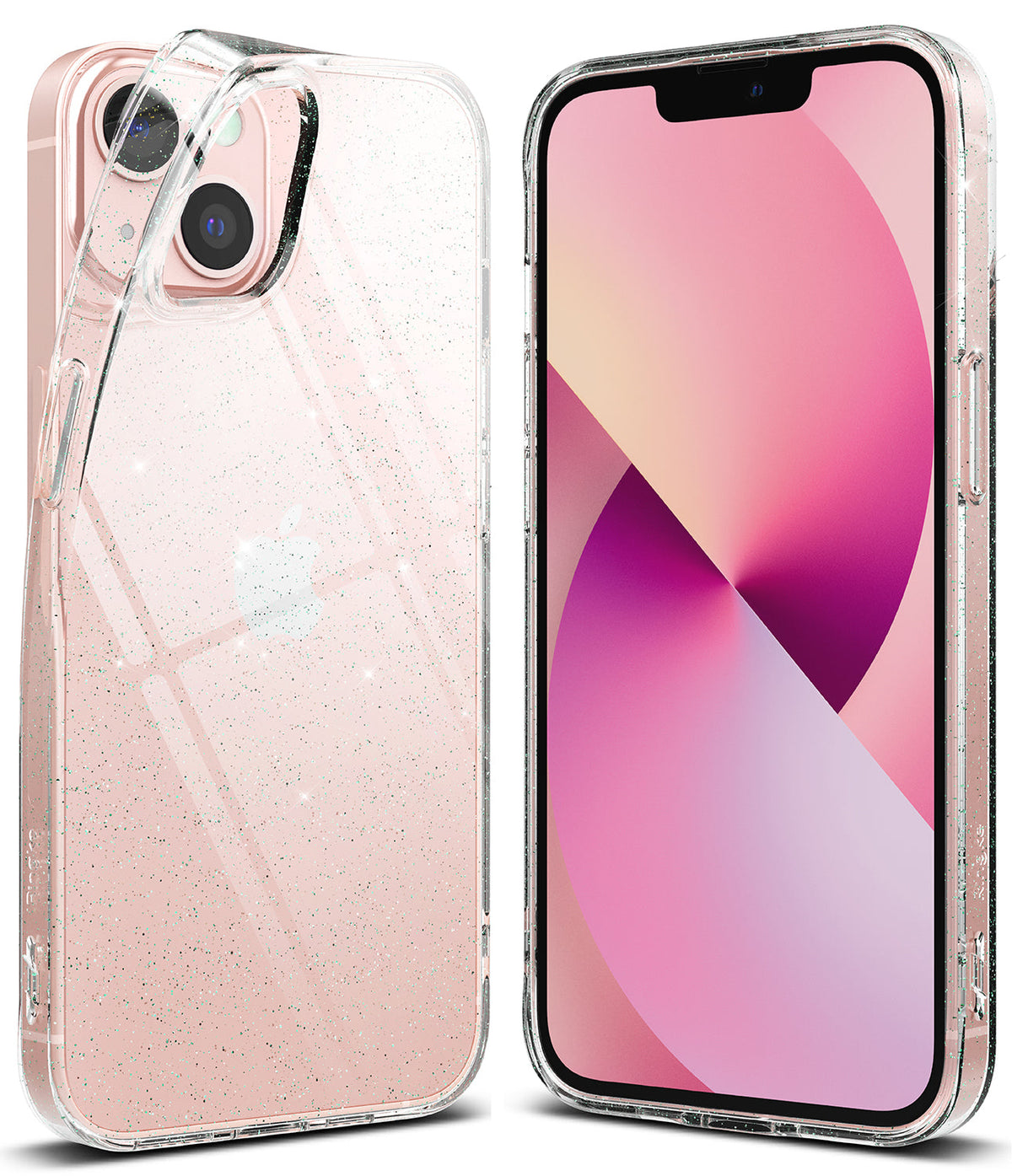 iPhone 13 Mini Case | Air - Clear glitter phone case shown from back and front on a pink iPhone 13 Mini.