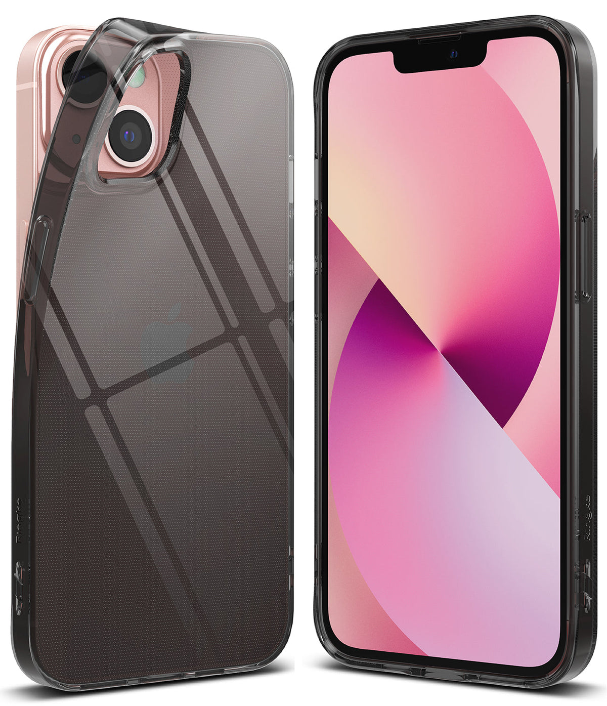 iPhone 13 Mini Case | Air - Transparent black phone case shown from back and front on a pink iPhone 13 Mini.