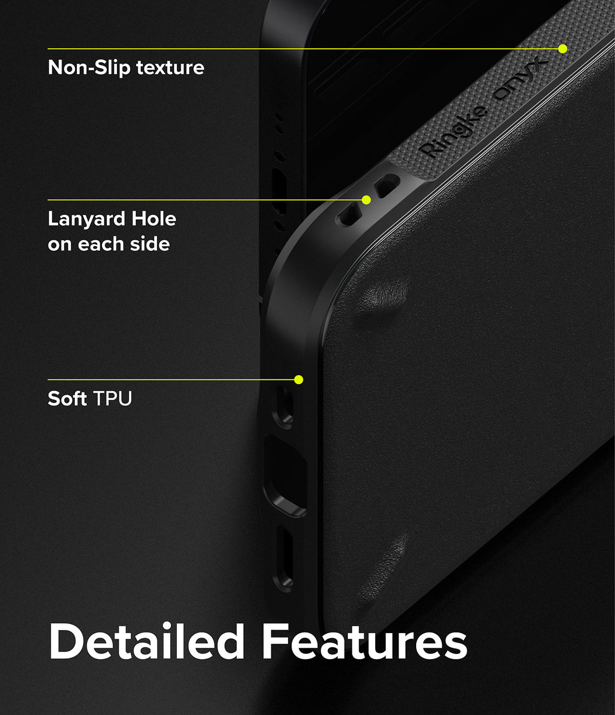 iPhone 13 Mini Case | Onyx - Black phone case highlighting non-slip texture, dual lanyard holes, and soft TPU material.