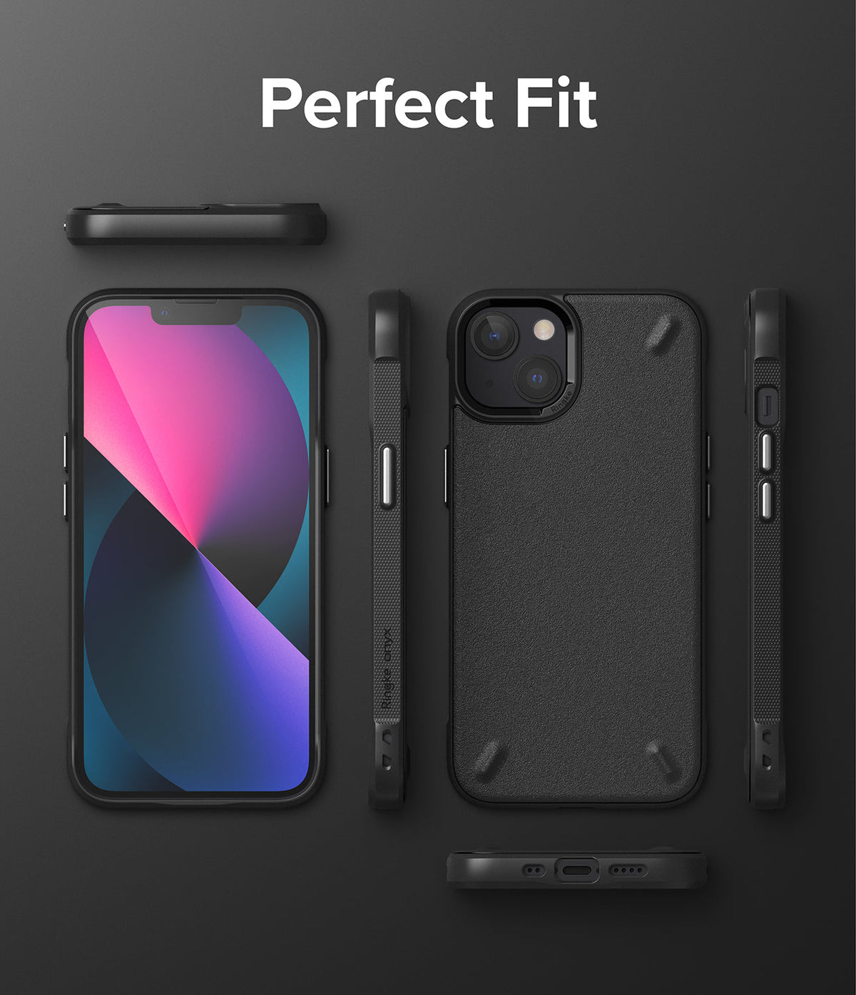 iPhone 13 Mini Case | Onyx - Black Onyx case shown from multiple angles around an iPhone 13 Mini with a colorful screen.