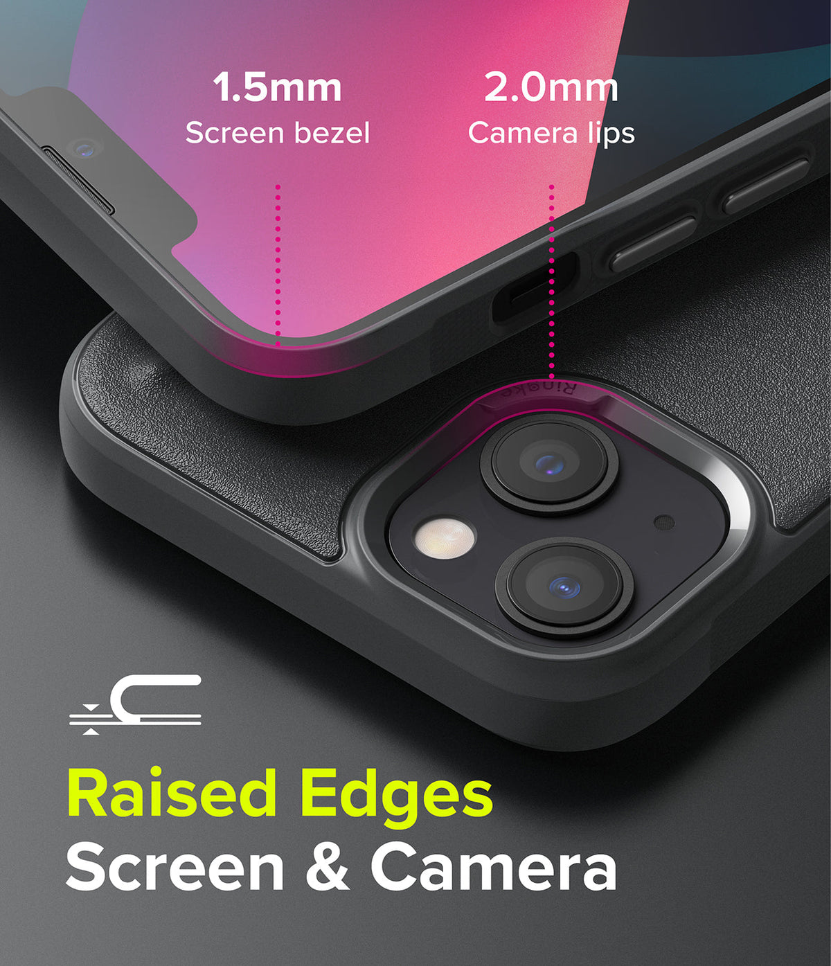 iPhone 13 Mini Case | Onyx - Close-up of phone case showing 1.5mm screen bezel and 2.0mm camera lips for raised protection.