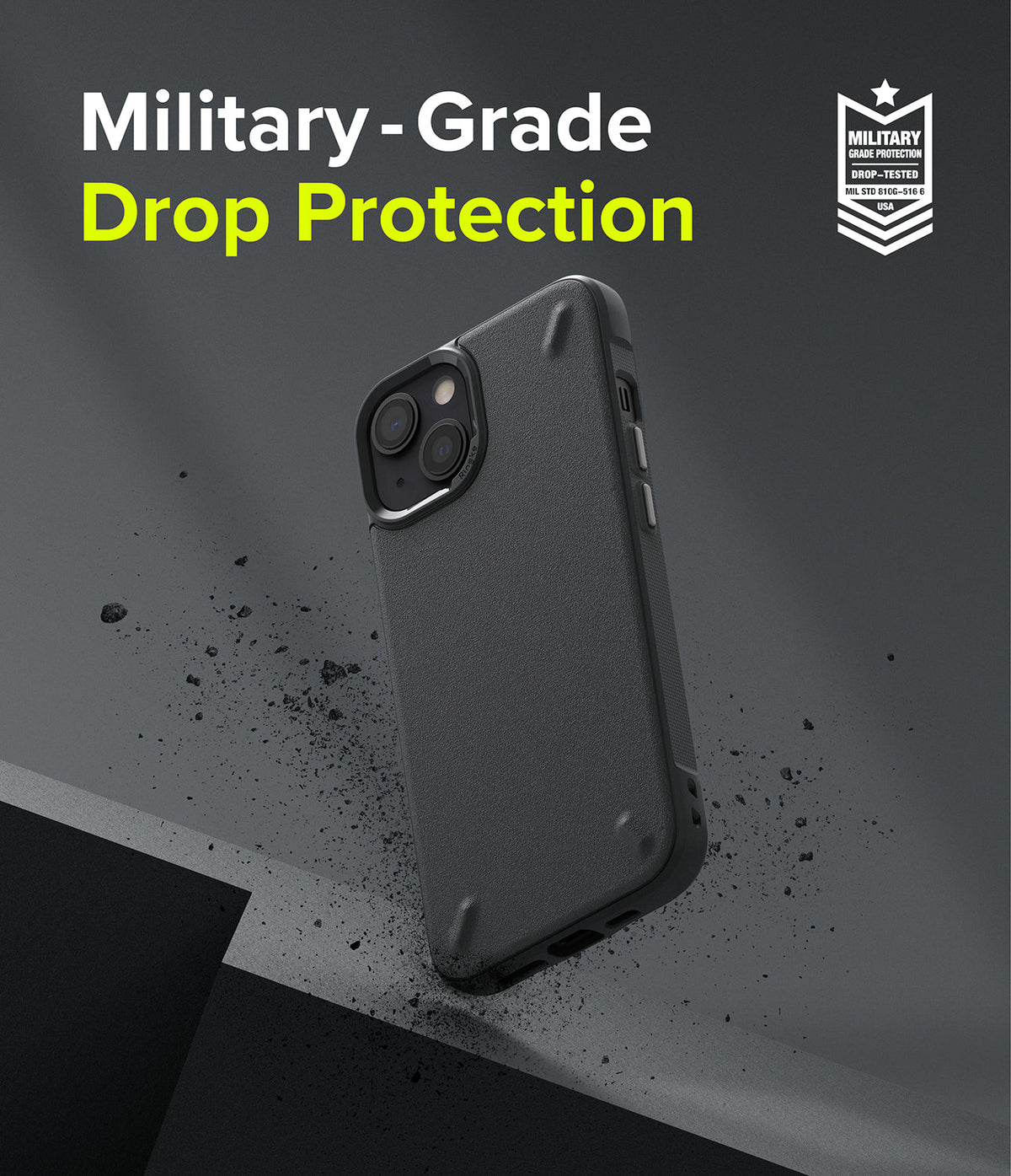 iPhone 13 Mini Case | Onyx - Black phone case with textured back and military-grade drop protection badge on gray background.