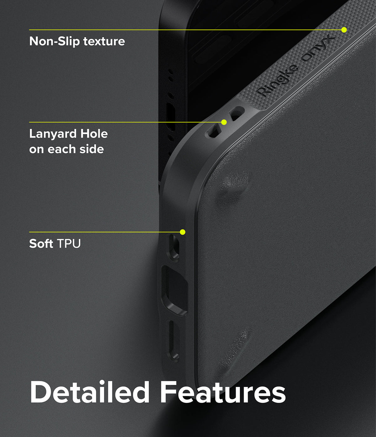 iPhone 13 Mini Case | Onyx - Close-up of black phone case highlighting non-slip texture, lanyard holes, and soft TPU material.