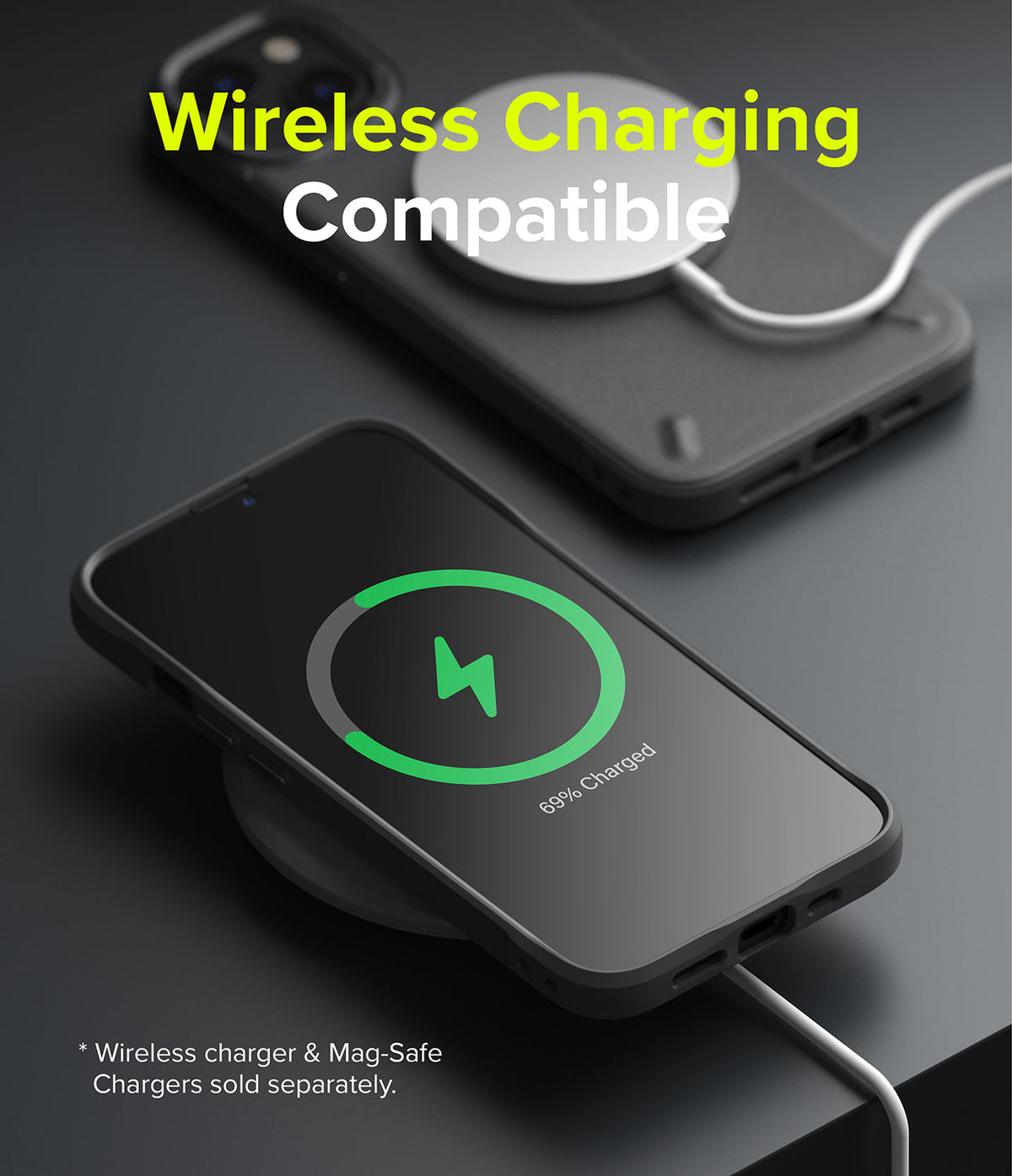 iPhone 13 Mini Case | Onyx - Black phone case on a wireless charger showing a 69% charge icon on the screen.