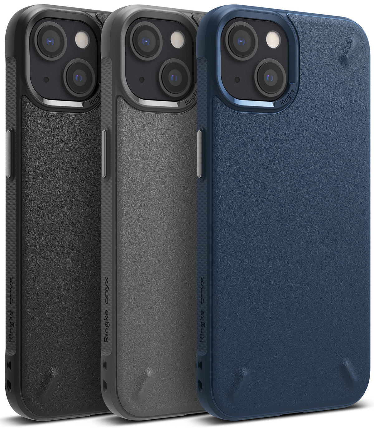 iPhone 13 Mini Case | Onyx - Three iPhone 13 Mini cases in black, gray, and navy blue with textured backs and camera cutouts.
