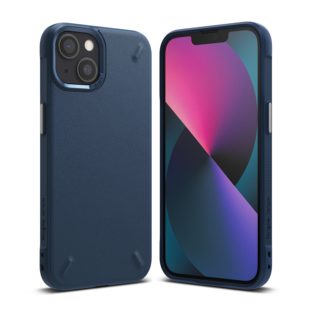 iPhone 13 Mini Case | Onyx - Navy blue textured protective phone case shown from the back and front with a colorful screen.