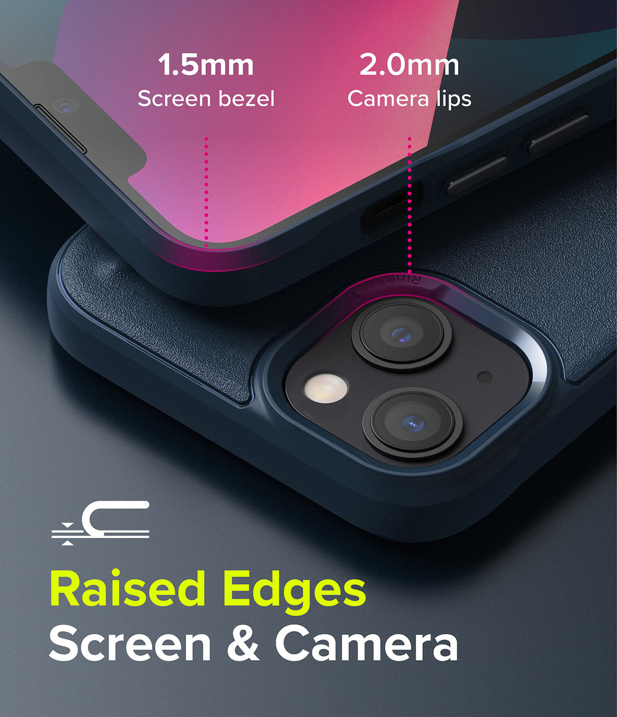 iPhone 13 Mini Case | Onyx - Close-up showing 1.5mm screen bezel and 2.0mm raised camera lips for protection.