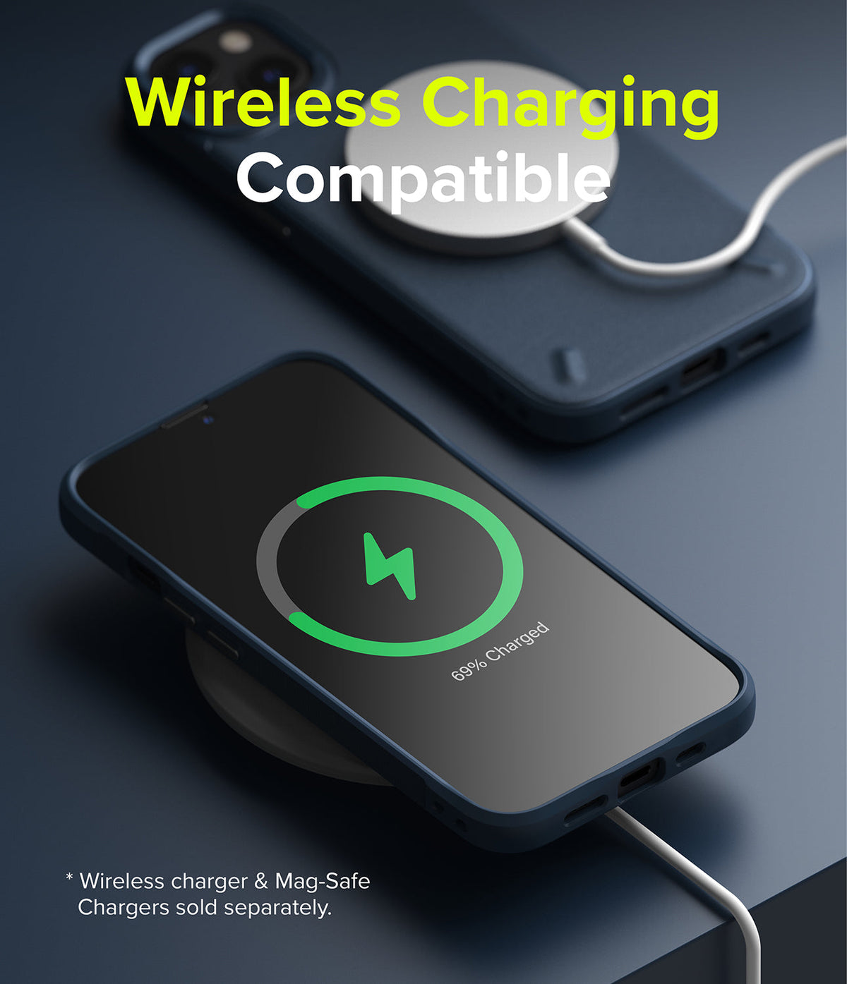 iPhone 13 Mini Case | Onyx - Onyx iPhone 13 Mini case on a wireless charger showing a green charging icon on the screen.