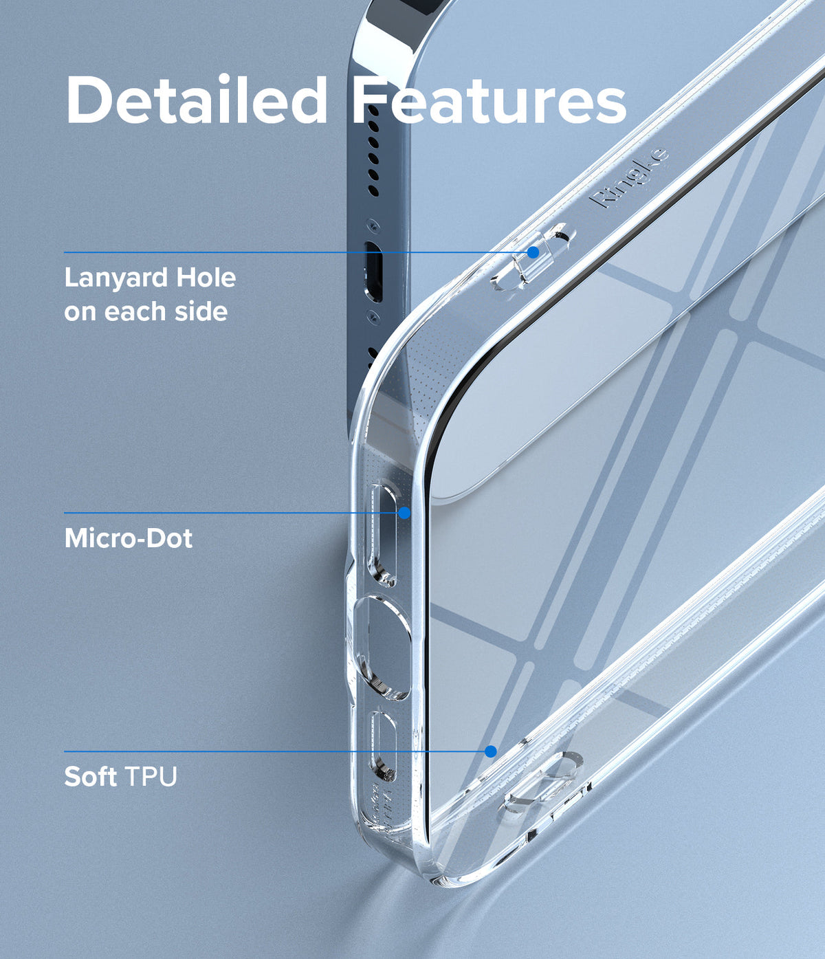 iPhone 13 Pro Max Case | Air - Clear phone case showing lanyard holes, micro-dot texture, and soft TPU material features.