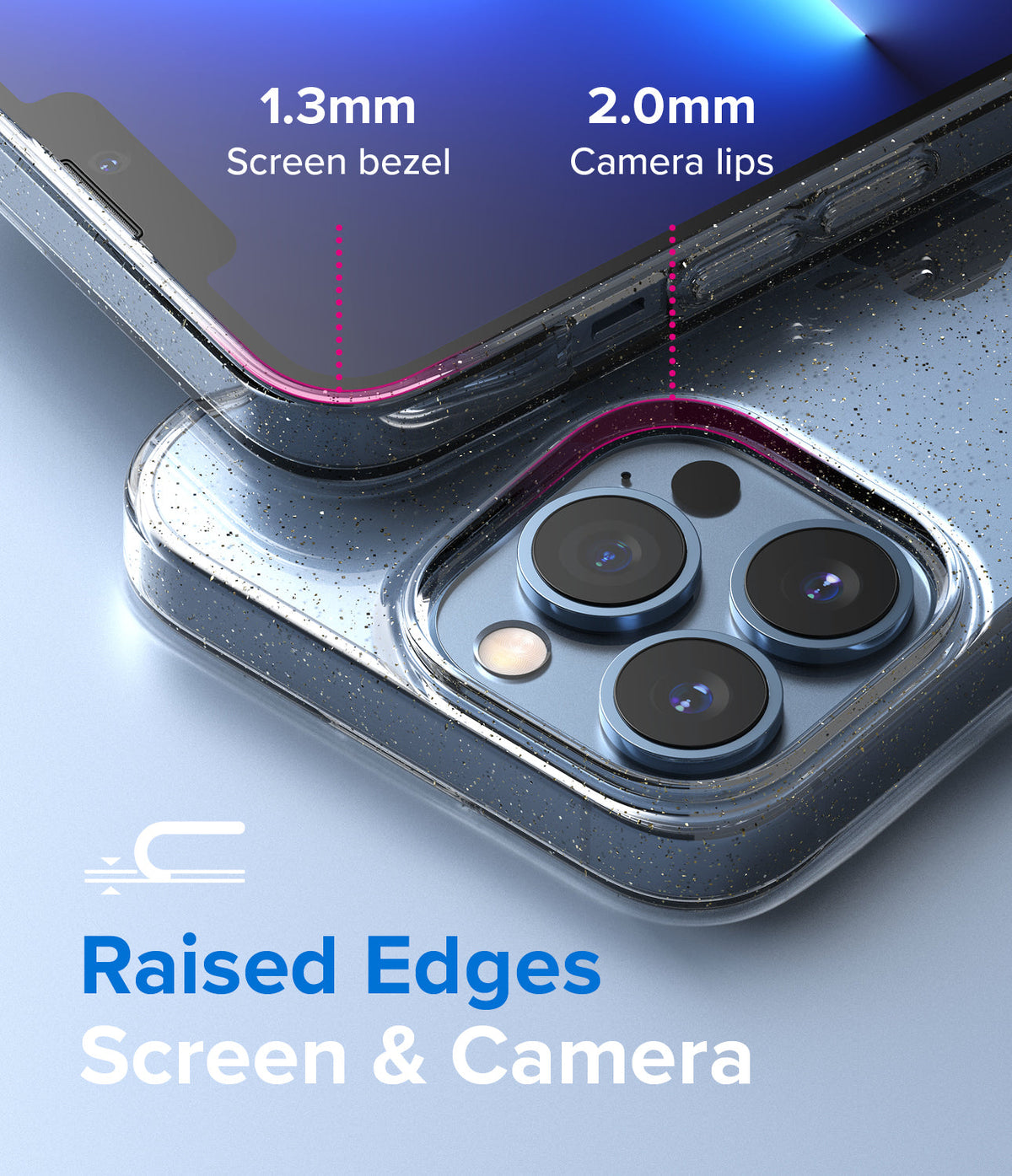 iPhone 13 Pro Max Case | Air - Close-up of glittery phone case showing 1.3mm screen bezel and 2.0mm camera lip protection.
