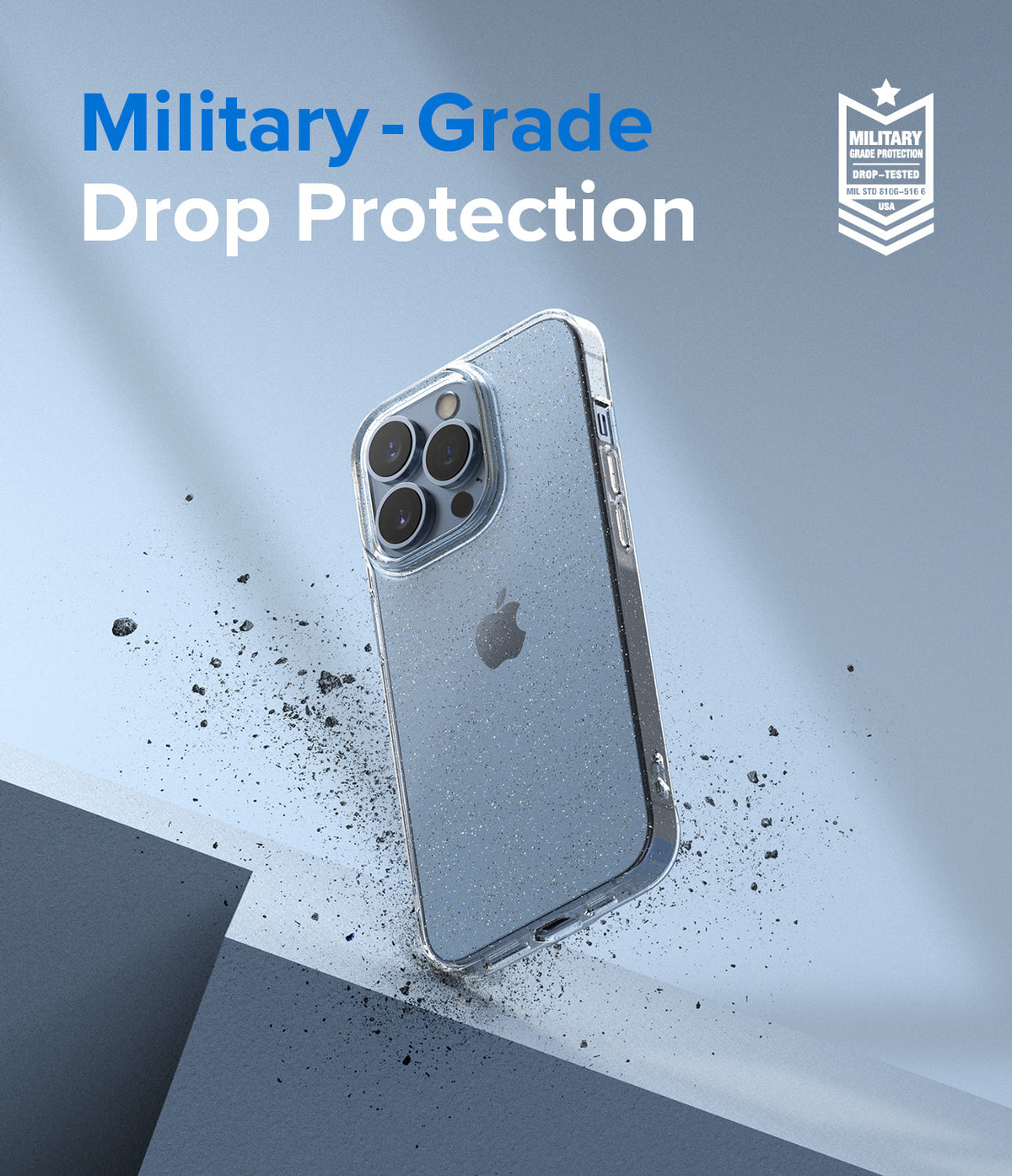 iPhone 13 Pro Max Case | Air - Clear glitter phone case with military-grade drop protection badge on blue background.