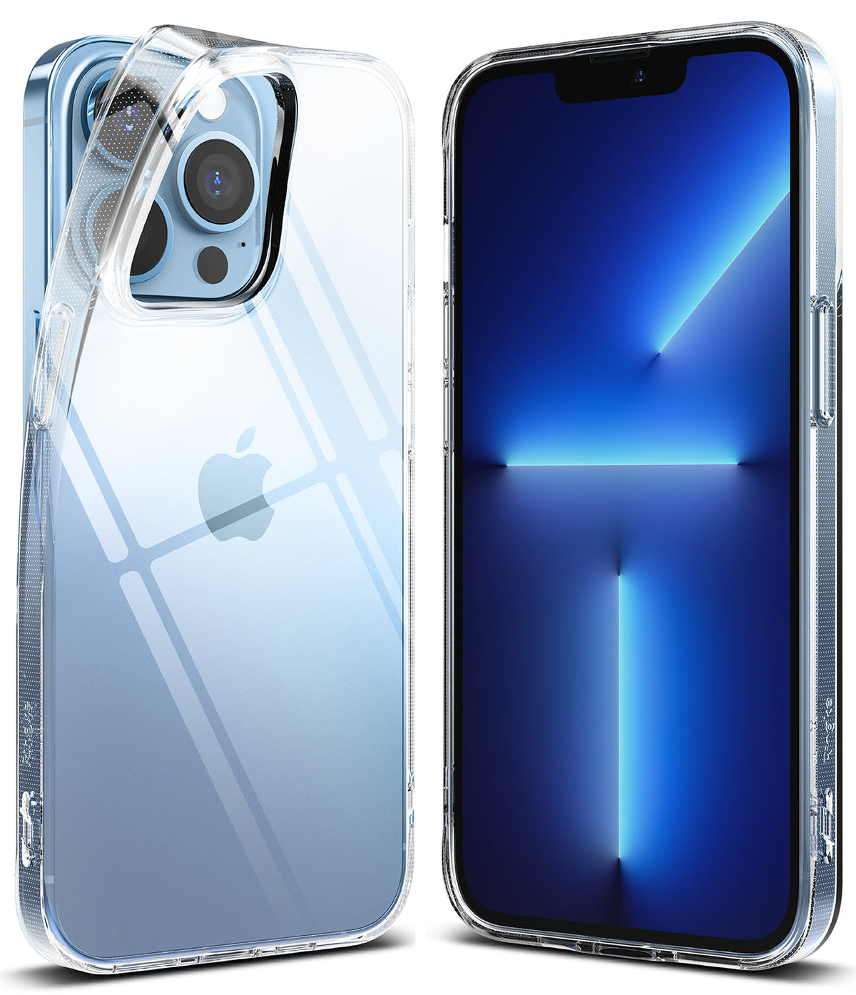iPhone 13 Pro Max Case | Air - Clear protective case shown from back and front on a blue iPhone 13 Pro Max.