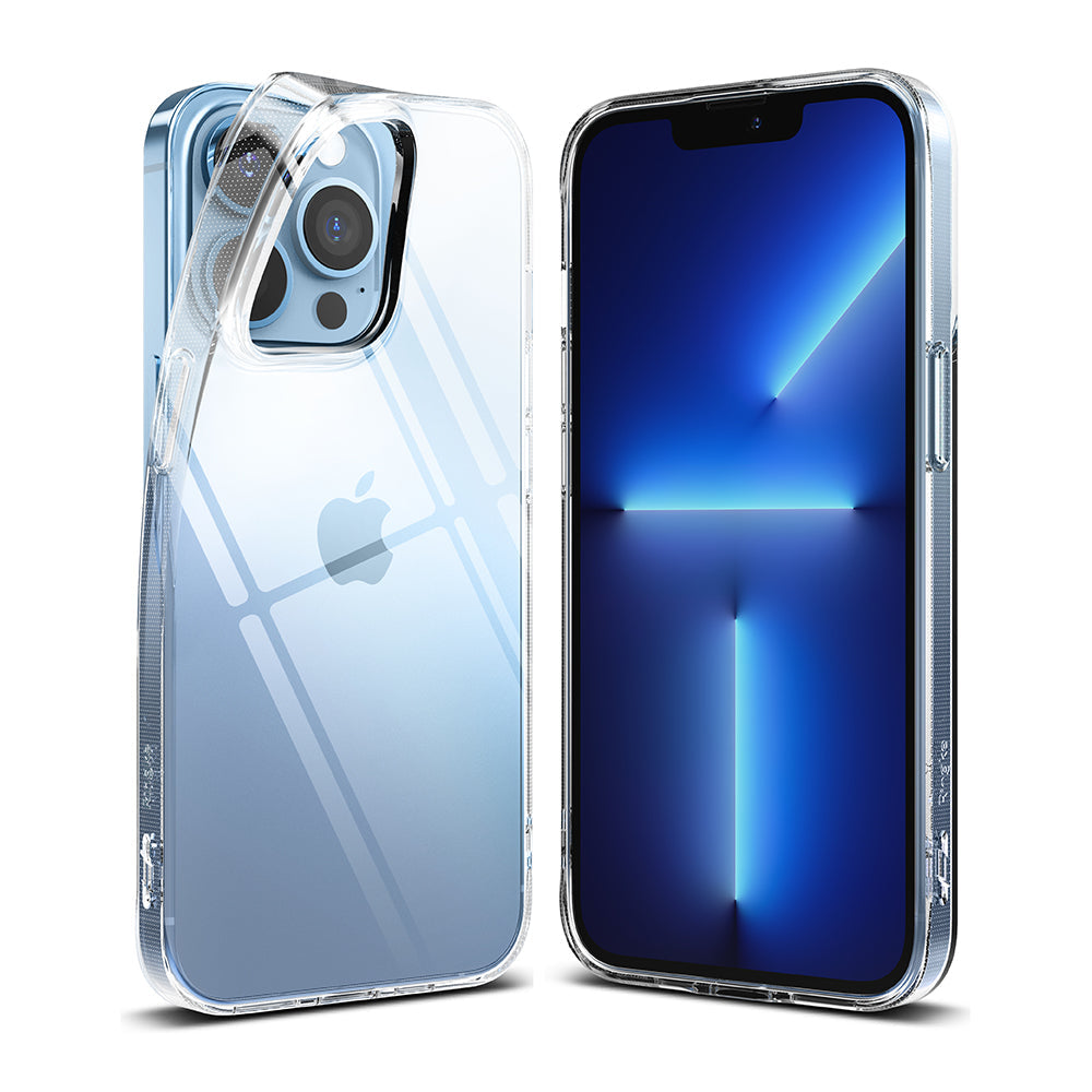 iPhone 13 Pro Case | Air - A clear protective case shown from the back and front on a blue iPhone 13 Pro.