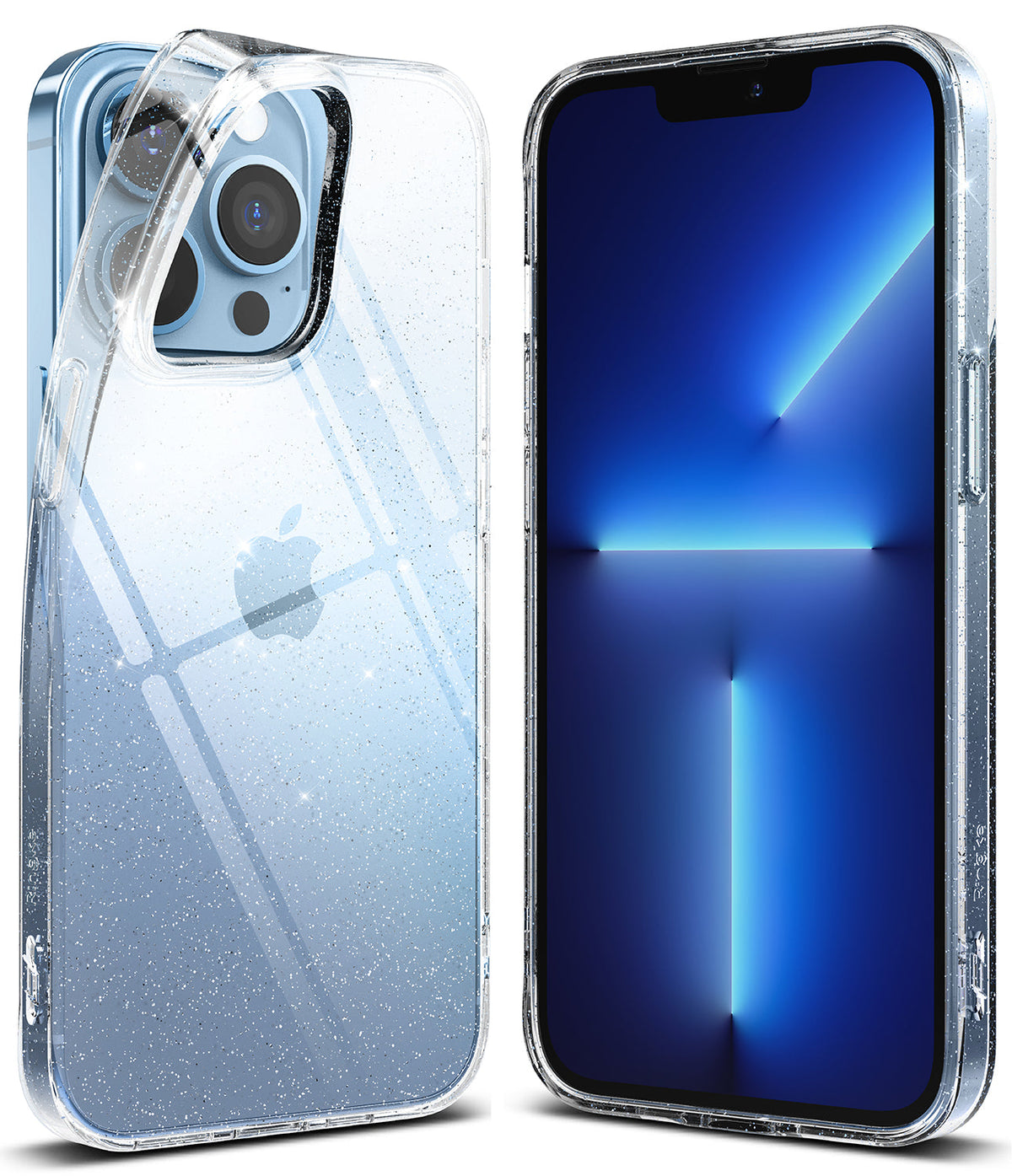 iPhone 13 Pro Max Case | Air - Clear, glittery phone case shown from back and front on a blue iPhone 13 Pro Max.