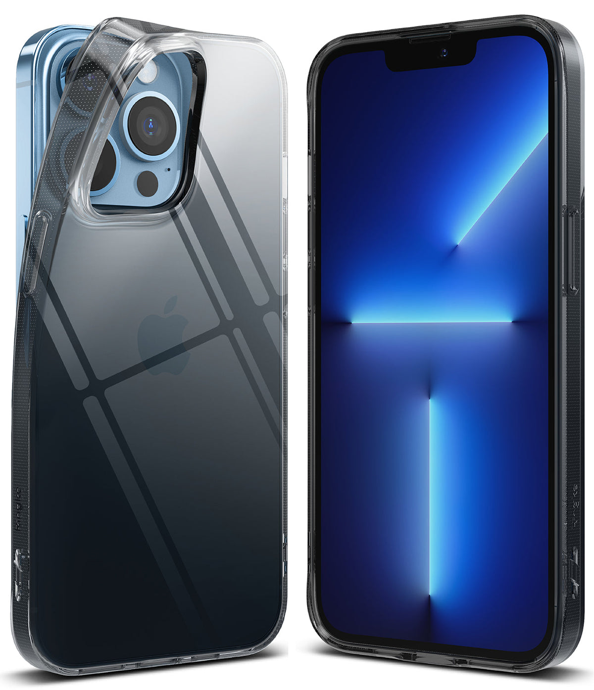 iPhone 13 Pro Max Case | Air - Clear protective case shown on a blue iPhone 13 Pro Max from front and back angles.