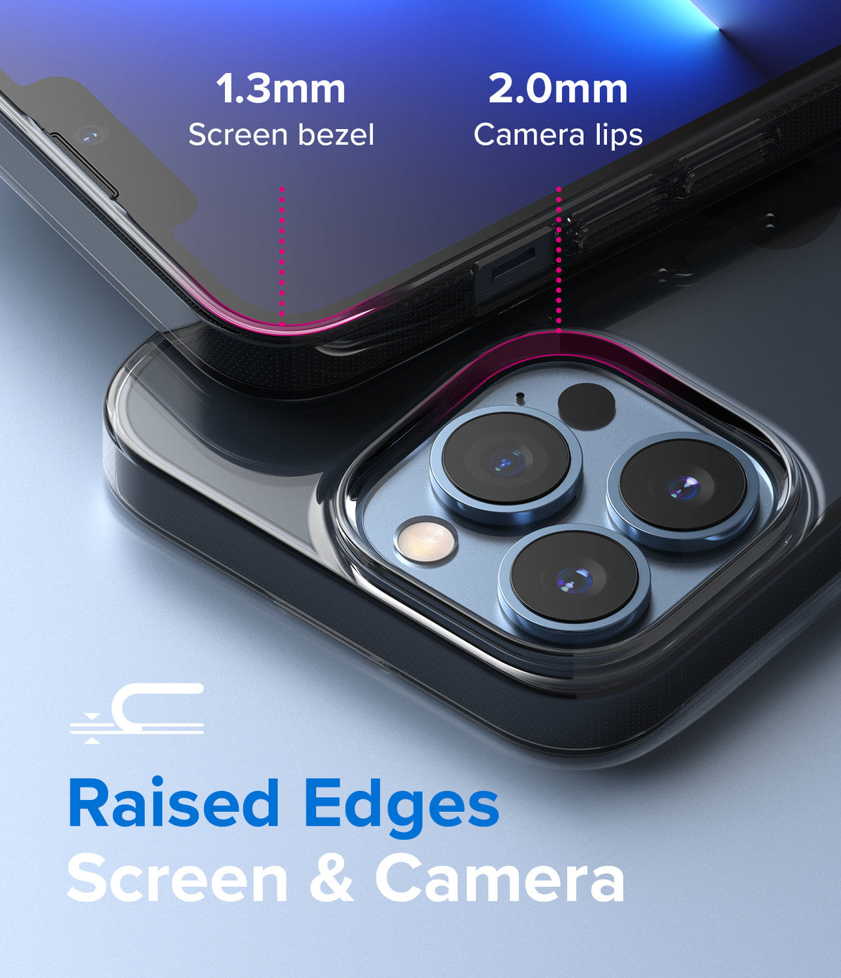 iPhone 13 Pro Max Case | Air - Close-up of phone case showing 1.3mm screen bezel and 2.0mm camera lip protection.