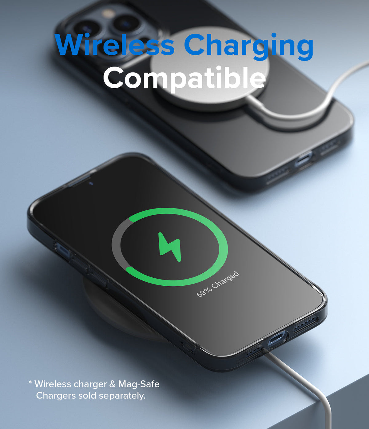 iPhone 13 Pro Max Case | Air - Two iPhones in cases charging wirelessly on a blue surface with a charging icon on screen.