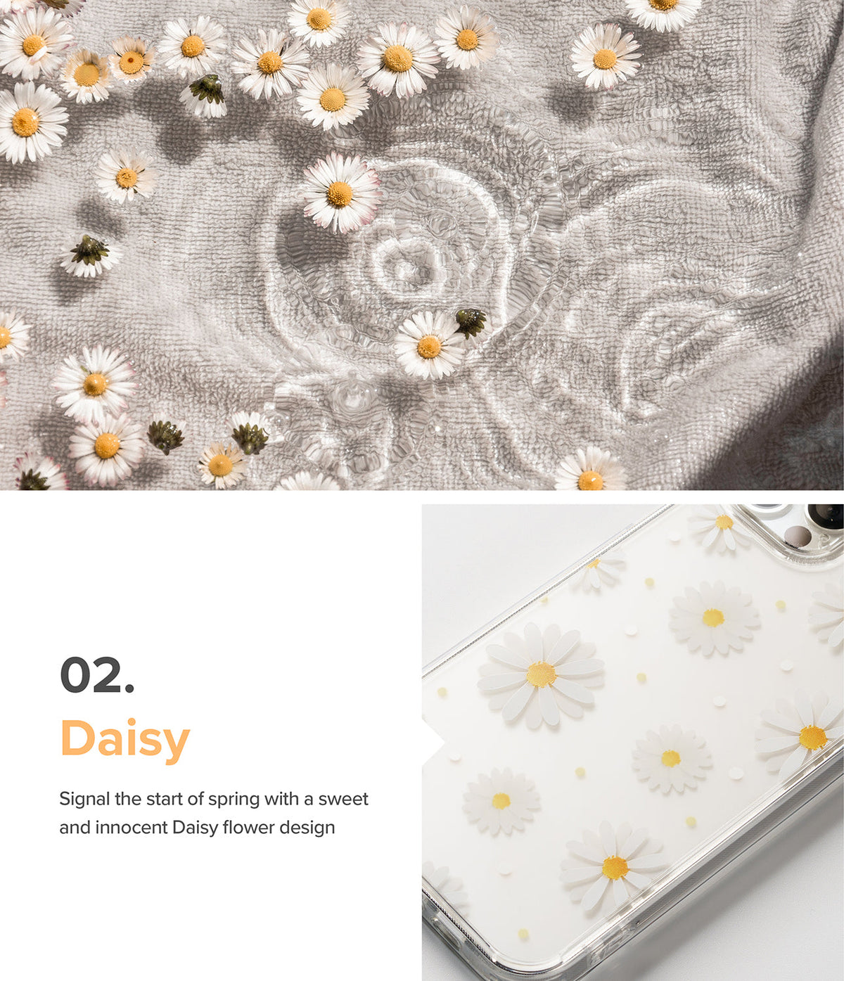 iPhone 13 Pro Case | Fusion Design - Clear phone case with white daisy pattern next to daisies floating in water.
