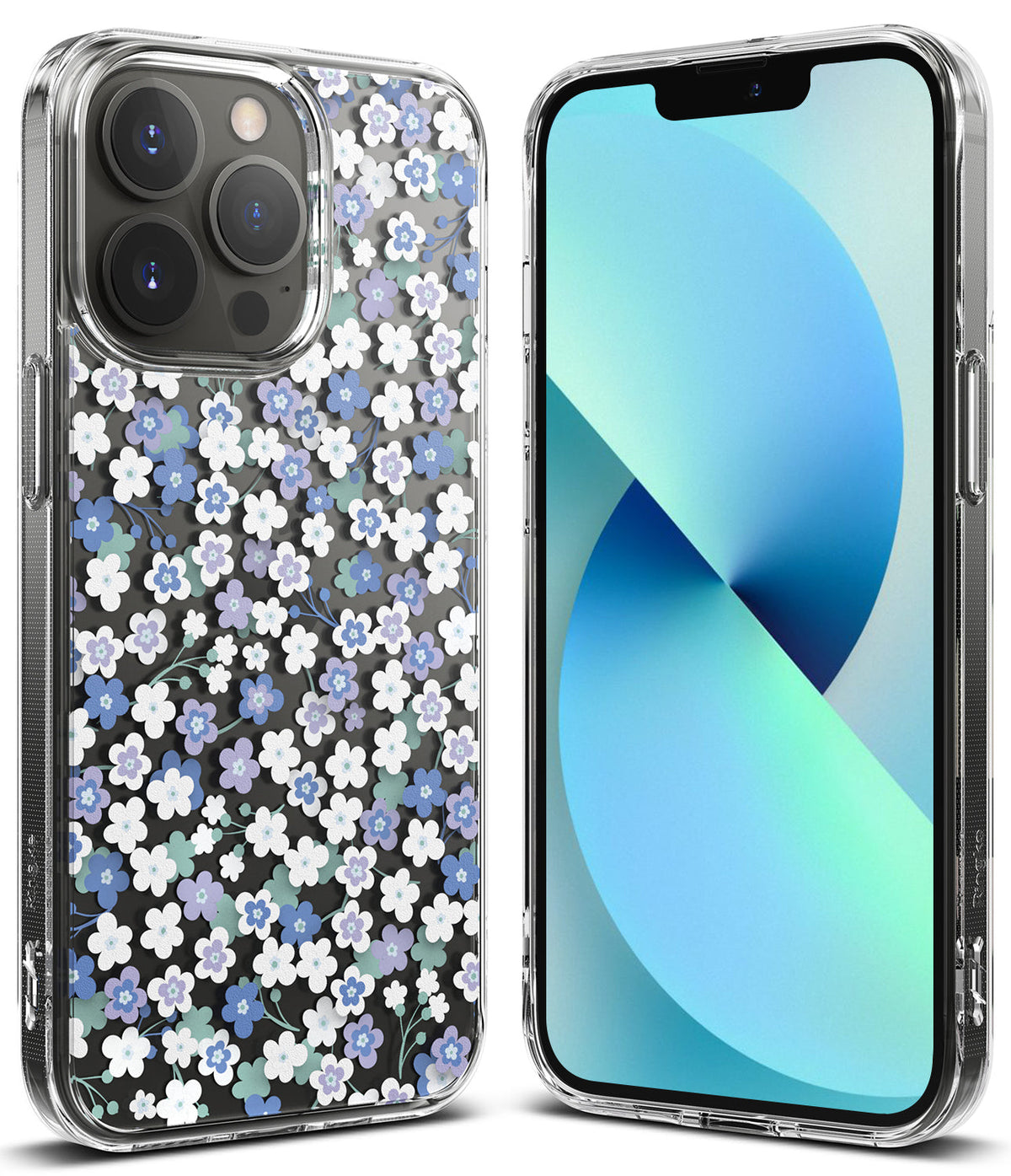 iPhone 13 Pro Max Case | Fusion Design - Clear phone case featuring a floral pattern of white, blue, and purple flowers on a black background.
