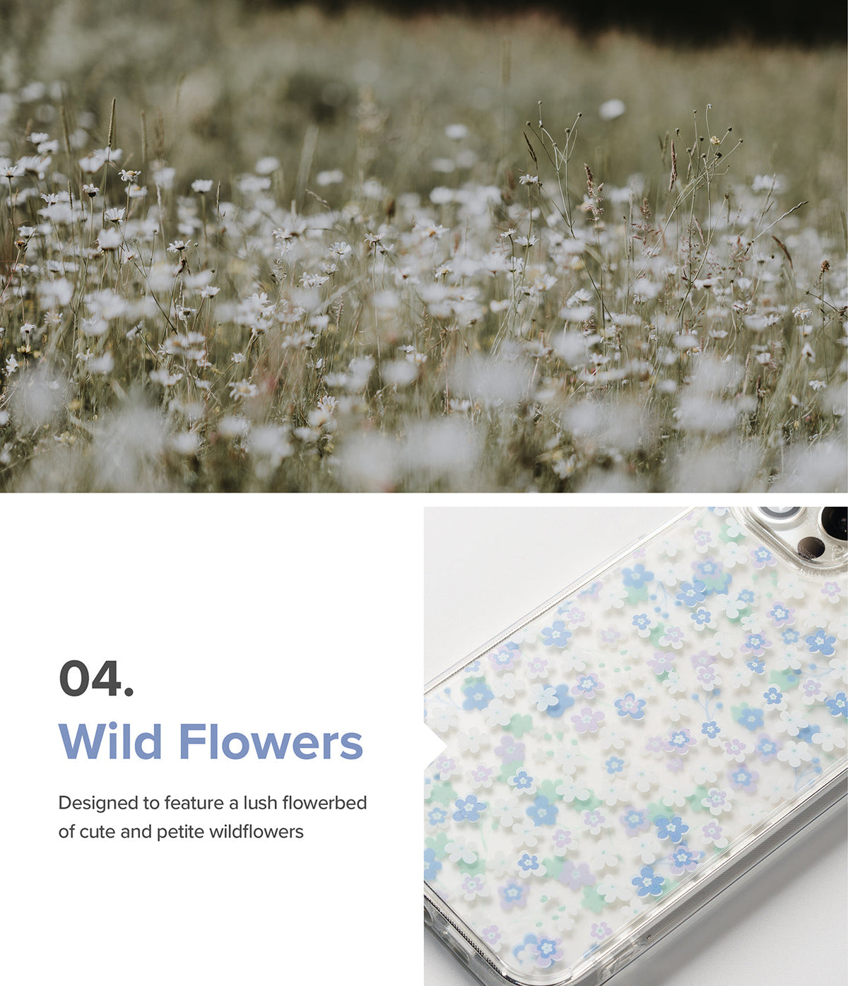 iPhone 13 Pro Case | Fusion Design - Clear phone case with blue, purple, and green wildflower pattern over a meadow.
