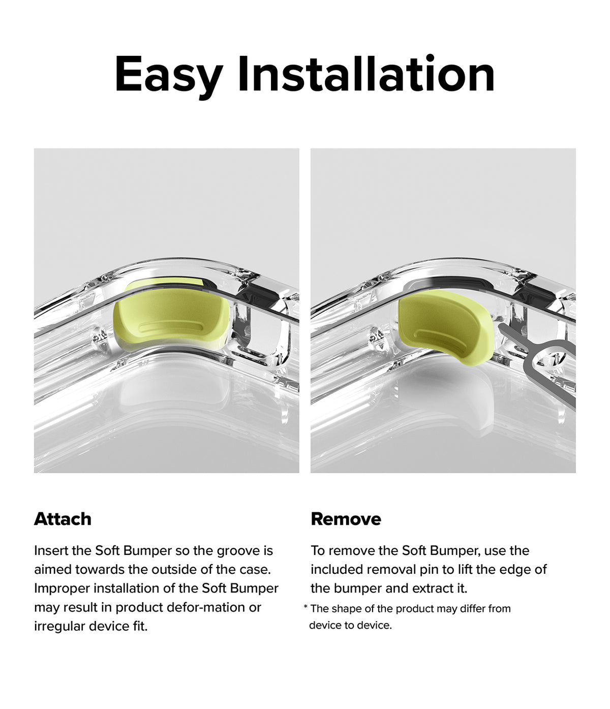 iPhone 13 Pro Max Case | Fusion Plus - White/Lime Glow - Two-step guide showing how to attach and remove a lime green bumper from a clear phone case using a metal pin.
