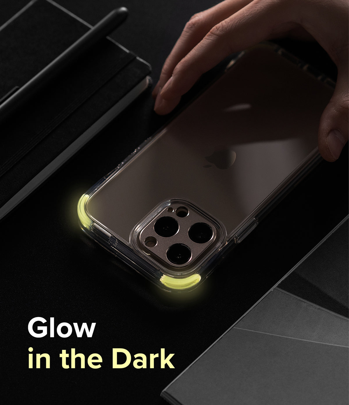 iPhone 13 Pro Max Case | Fusion Plus - White/Lime Glow - Clear phone case with lime green glow-in-the-dark corners.