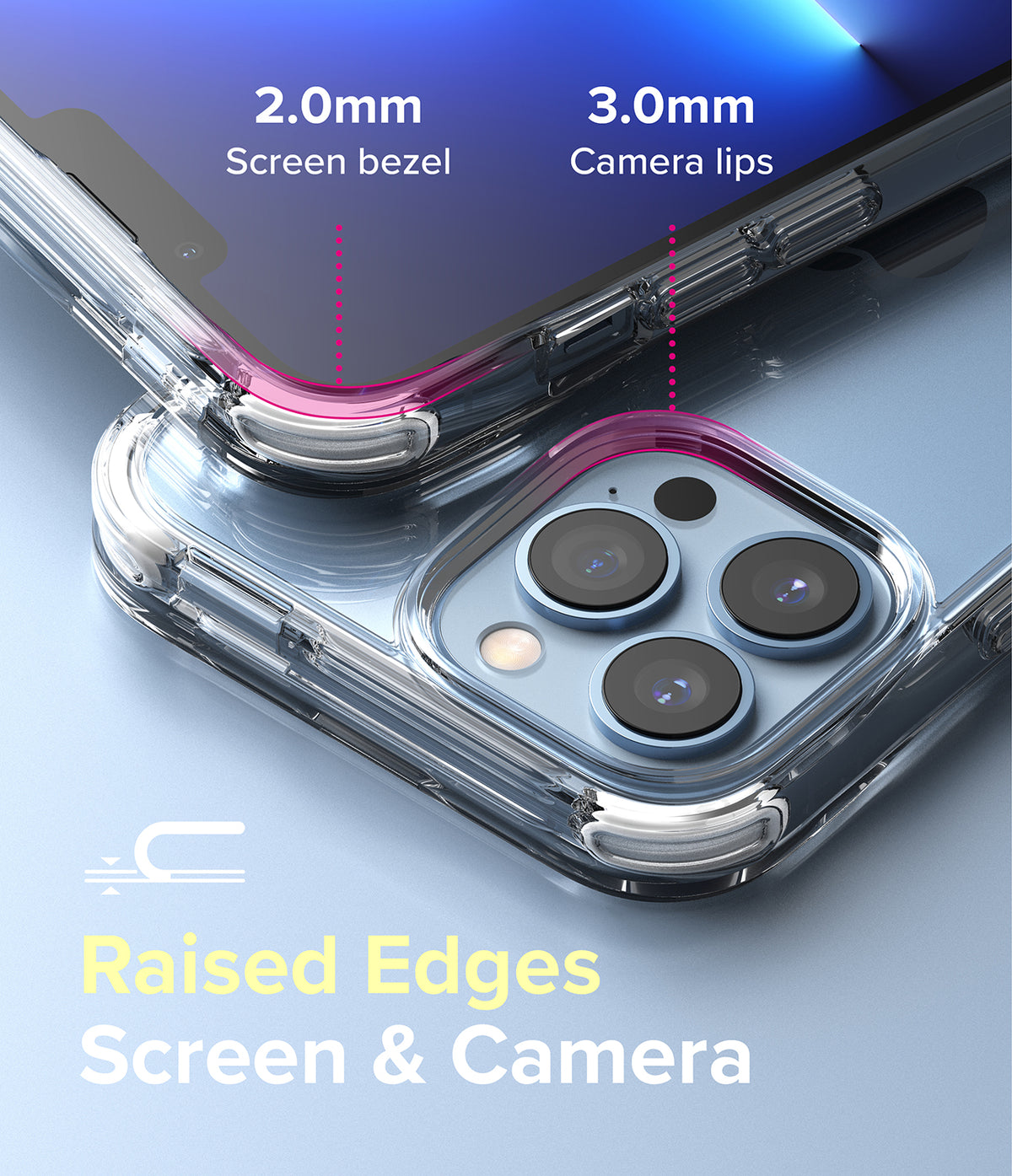 iPhone 13 Pro Max Case | Fusion Plus - White/Lime Glow - Close-up showing 2.0mm screen bezel and 3.0mm camera lips.