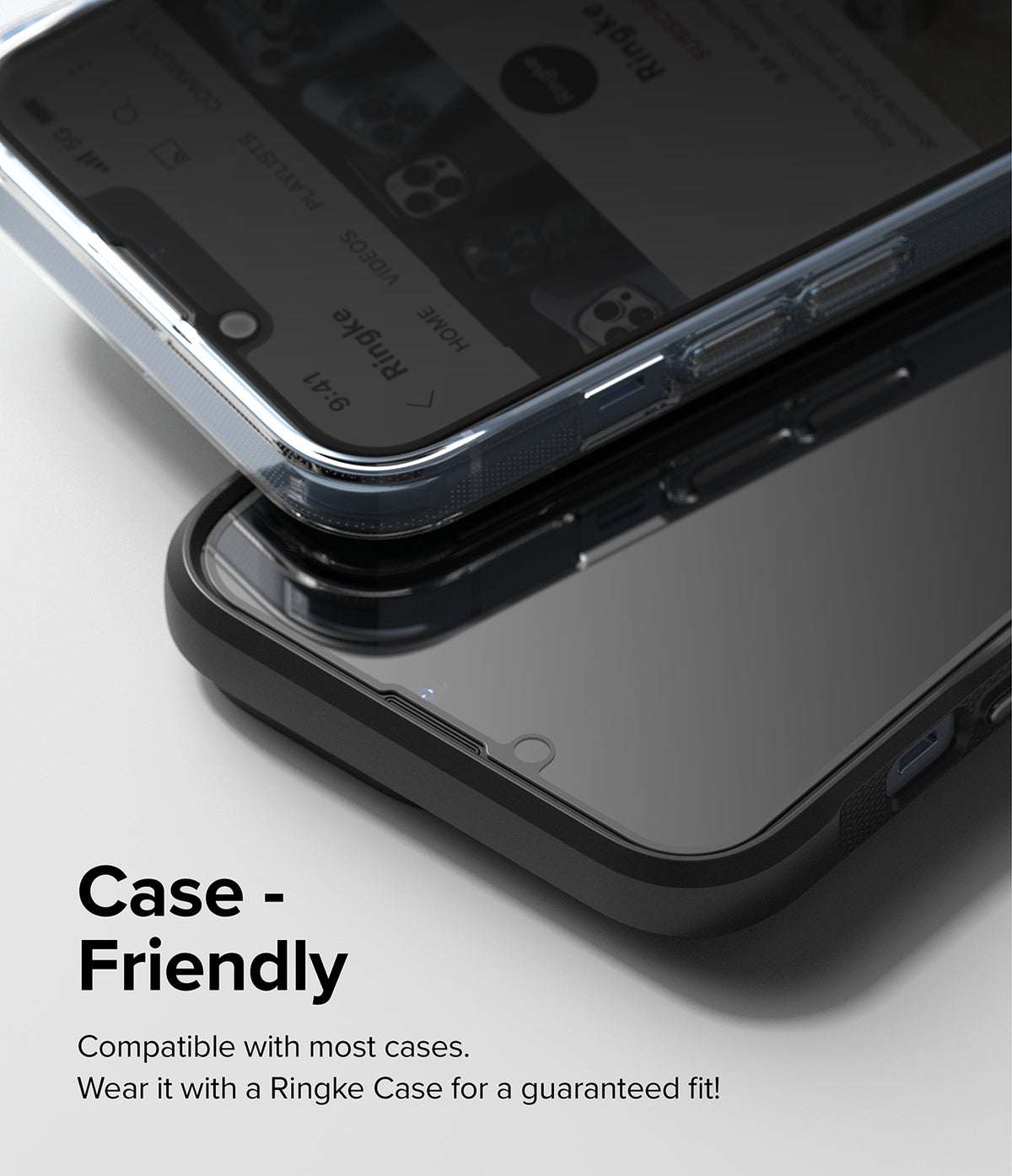 iPhone 14 Plus / 13 Pro Max Screen Protector | Privacy Glass - Two smartphones stacked, showing case-friendly fit.