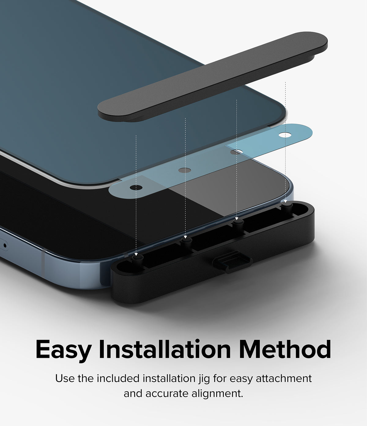 iPhone 14 Plus / 13 Pro Max Screen Protector | Privacy Glass - iPhone 14 Plus / 13 Pro Max Screen Protector - Privacy glass aligning with an installation jig on a smartphone screen.