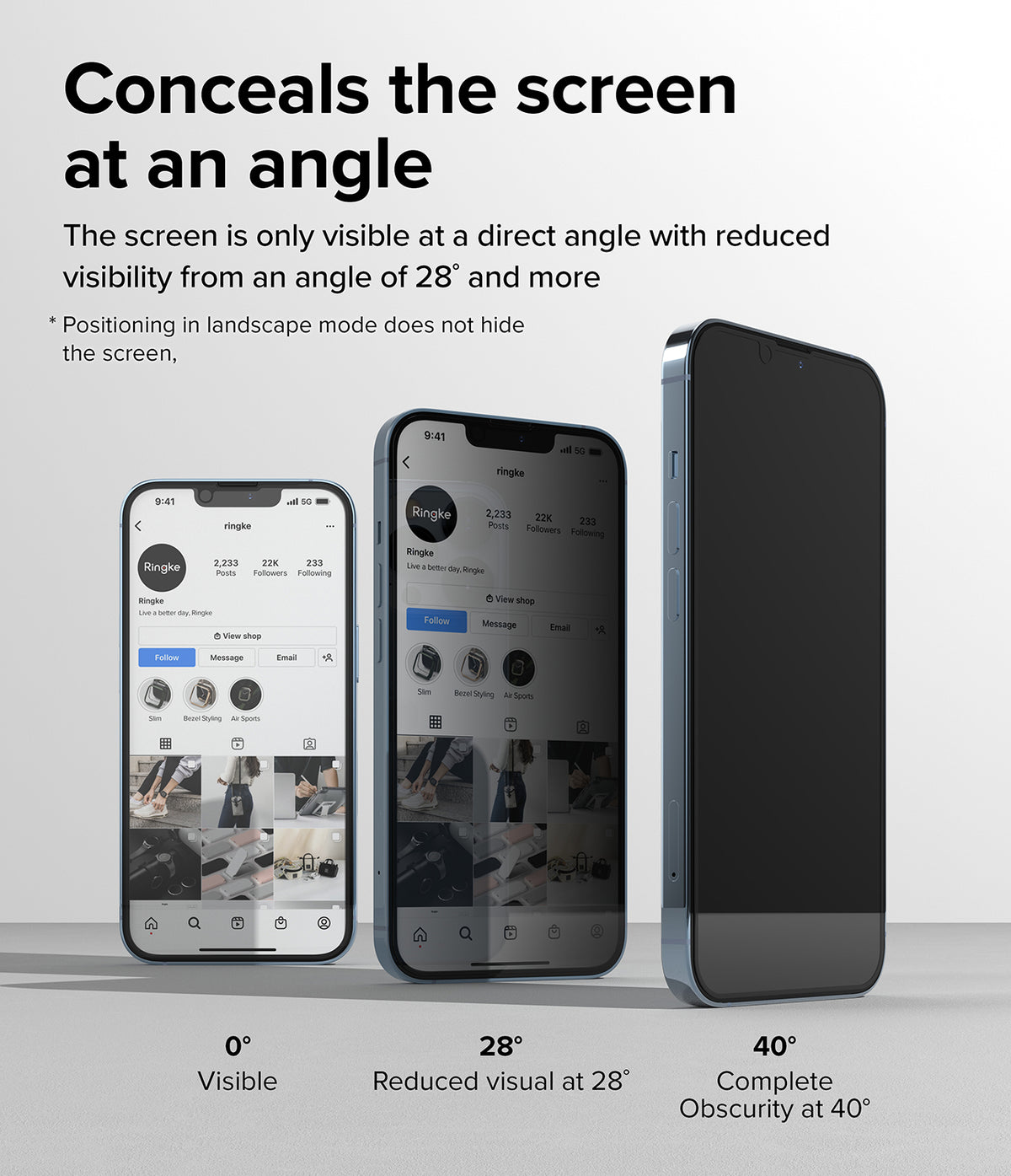 iPhone 14 Plus / 13 Pro Max Screen Protector | Privacy Glass - Three phones showing screen visibility at 0, 28, and 40 degrees.