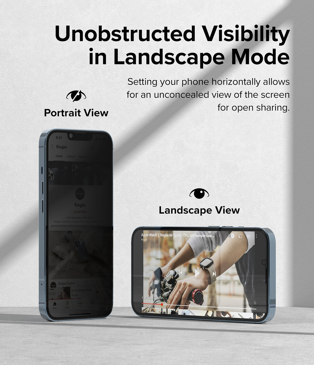 iPhone 14 Plus / 13 Pro Max Screen Protector | Privacy Glass - iPhone 14 Plus / 13 Pro Max Screen Protector - Privacy glass showing dark portrait view and clear landscape view.