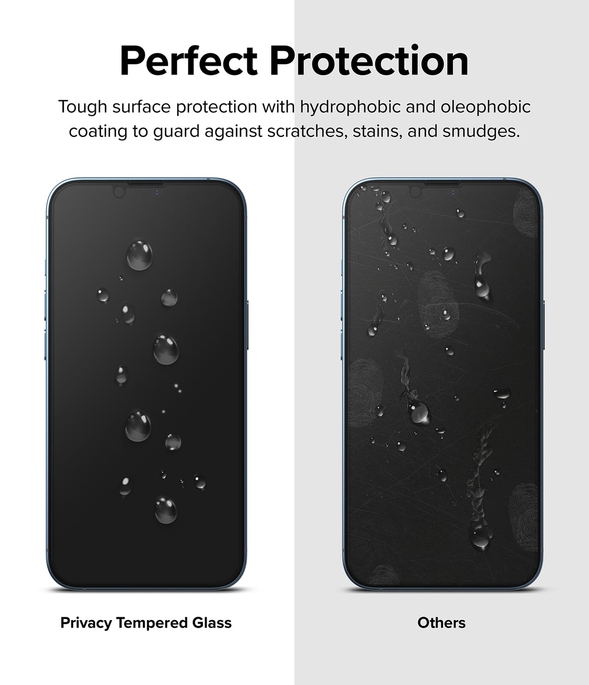 iPhone 14 Plus / 13 Pro Max Screen Protector | Privacy Glass - iPhone 14 Plus / 13 Pro Max Screen Protector - Comparison of clean privacy glass versus a smudged, scratched screen.