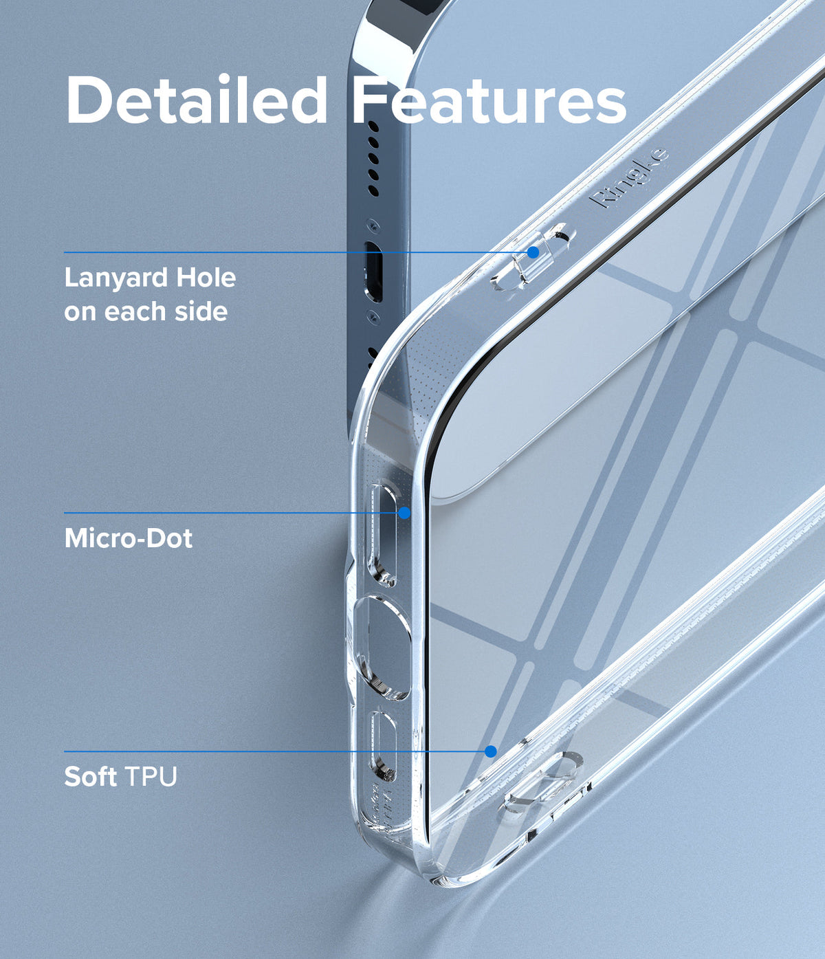 iPhone 13 Pro Case | Air - Clear phone case highlighting lanyard holes, micro-dot pattern, and soft TPU material features.