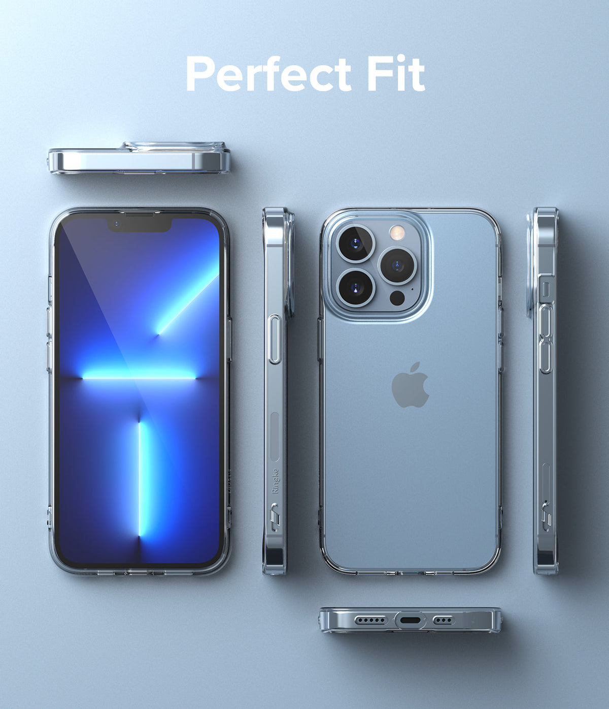 iPhone 13 Pro Case | Air - Multiple views of a clear phone case on a blue iPhone 13 Pro against a light blue background.