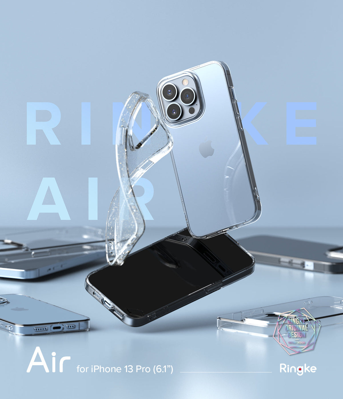 iPhone 13 Pro Case | Air - Clear protective phone case floating above a black iPhone 13 Pro against a blue background.