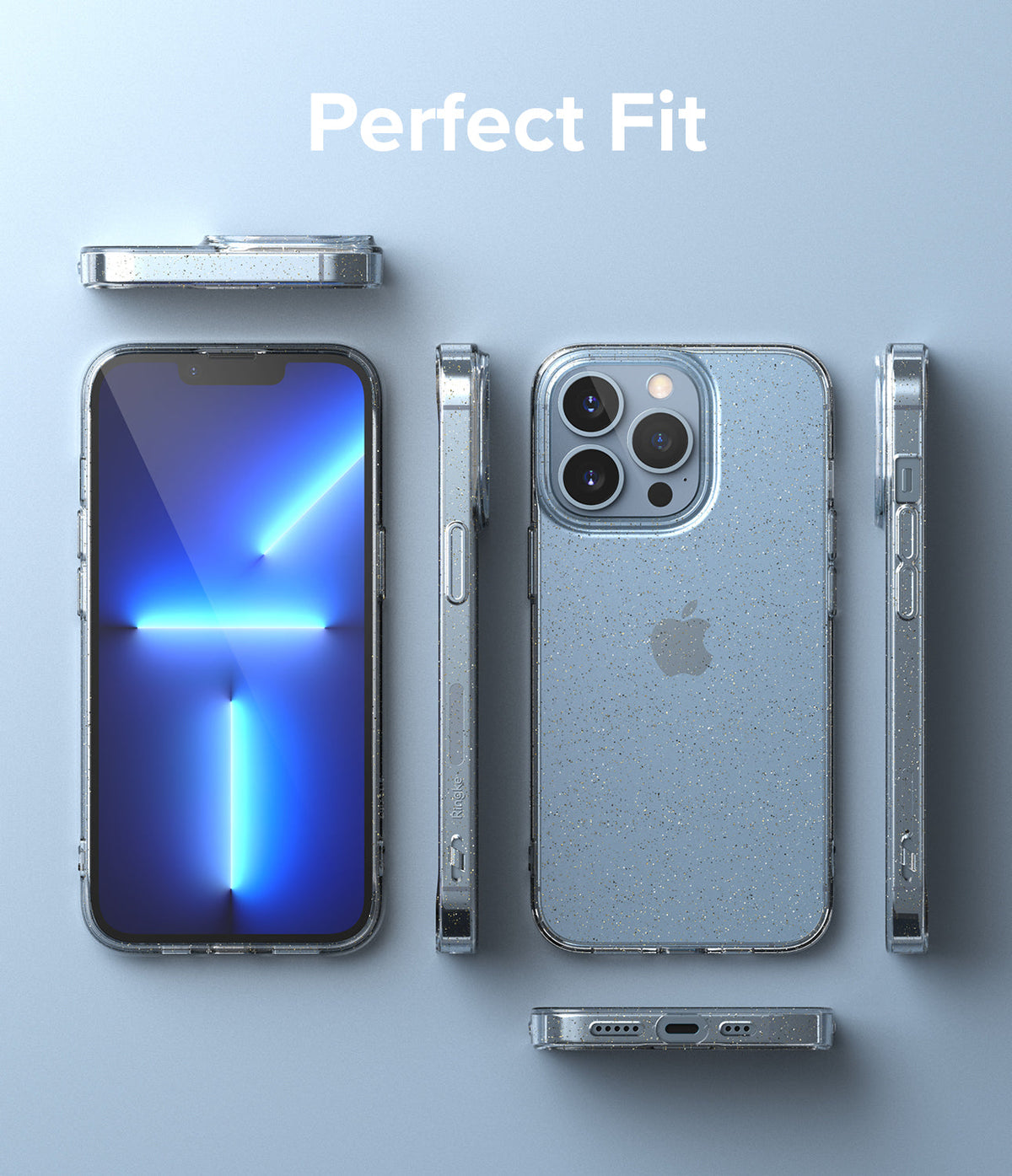 iPhone 13 Pro Case | Air - Multiple views of a glittery clear phone case on an iPhone 13 Pro against a light blue background.