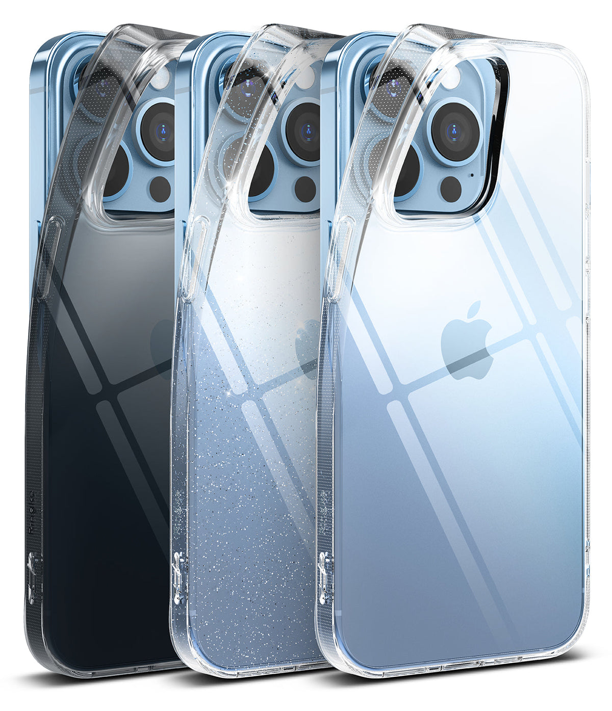 iPhone 13 Pro Case | Air - Three clear iPhone 13 Pro cases in solid, glitter, and gradient finishes shown side-by-side.