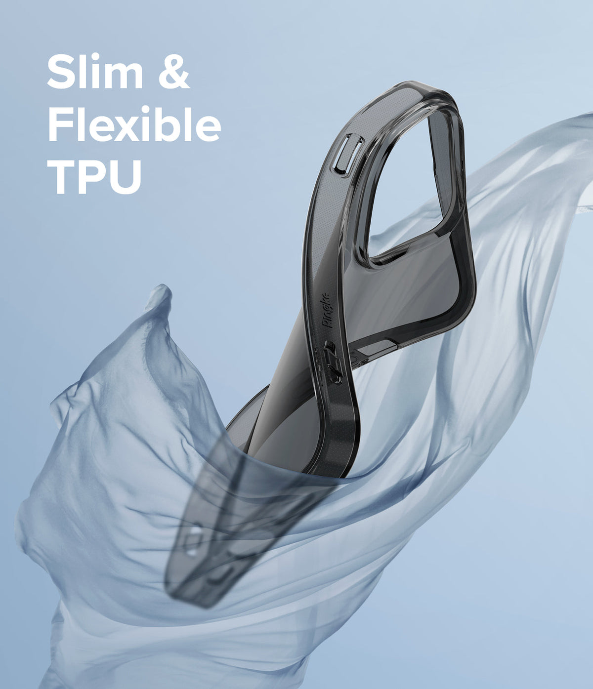 iPhone 13 Pro Case | Air - A flexible, translucent black phone case wrapped in flowing blue fabric against a light blue background.